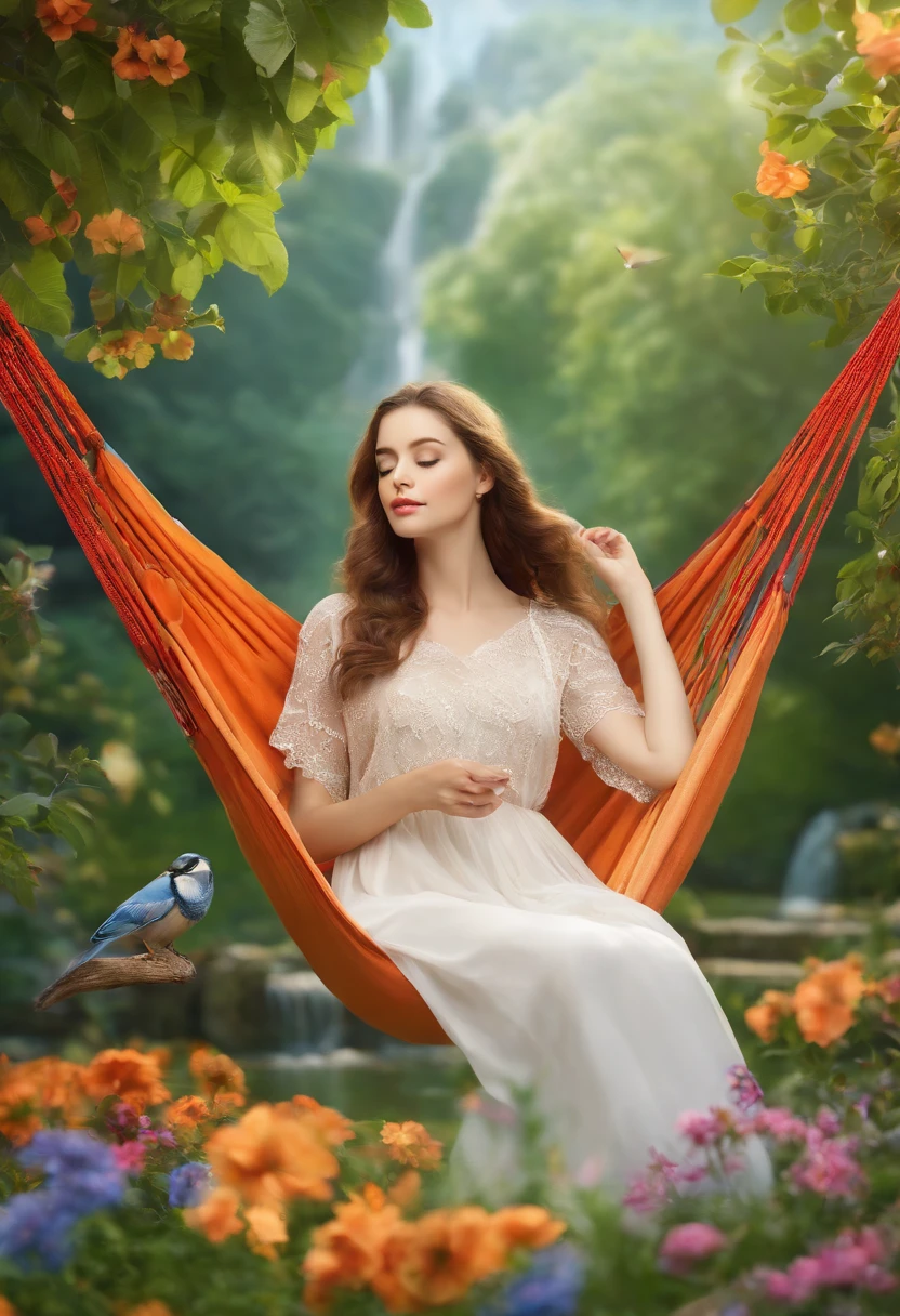 a girl lying on a comfortable hammock in a colorful garden,gentle sunlight shining through the leaves,soft breeze gently swaying the flowers and grass around her,relaxing atmosphere,surrounded by lush greenery,natural beauty,peaceful and serene,perfectly relaxed and carefree mood [beautiful detailed eyes,beautiful detailed lips],wearing a loose summer dress,engrossed in a captivating book,in the background,there is a small waterfall cascading down gently,lazy clouds floating in the clear blue sky,birds chirping happily,creating a harmonious melody,inspiring a sense of tranquility and calmness,artistic and dreamlike scenery,masterpiece:1.2,highres,ultra-detailed,photorealistic,studio lighting,vivid colors,soft and warm color palette
