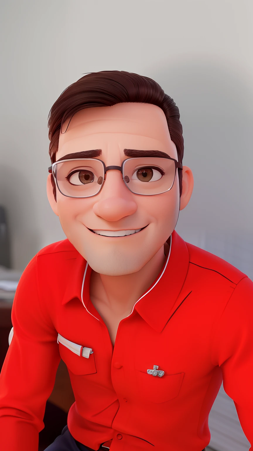 Um homem de 30 anos, com cabelos castanhos curtos,face de diamante, olhar rigoroso, e olhos castanhos, vestindo camisa branca branca com gravata, eyeglass, barba curta