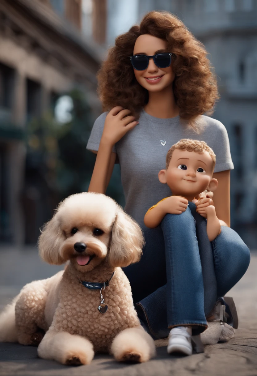 Pixar. Casal com uma cachorra Poodle Toy. A menina tem os cabelos pretos cacheados, Camiseta cinza e jeans claro, black glasses. O menino de cabelos marrons, entradas, com cabelos grisalhos, Dark blue jeans and gray t-shirt. They are both smiling, the girl is 40 years old and the boy is 70 years old
