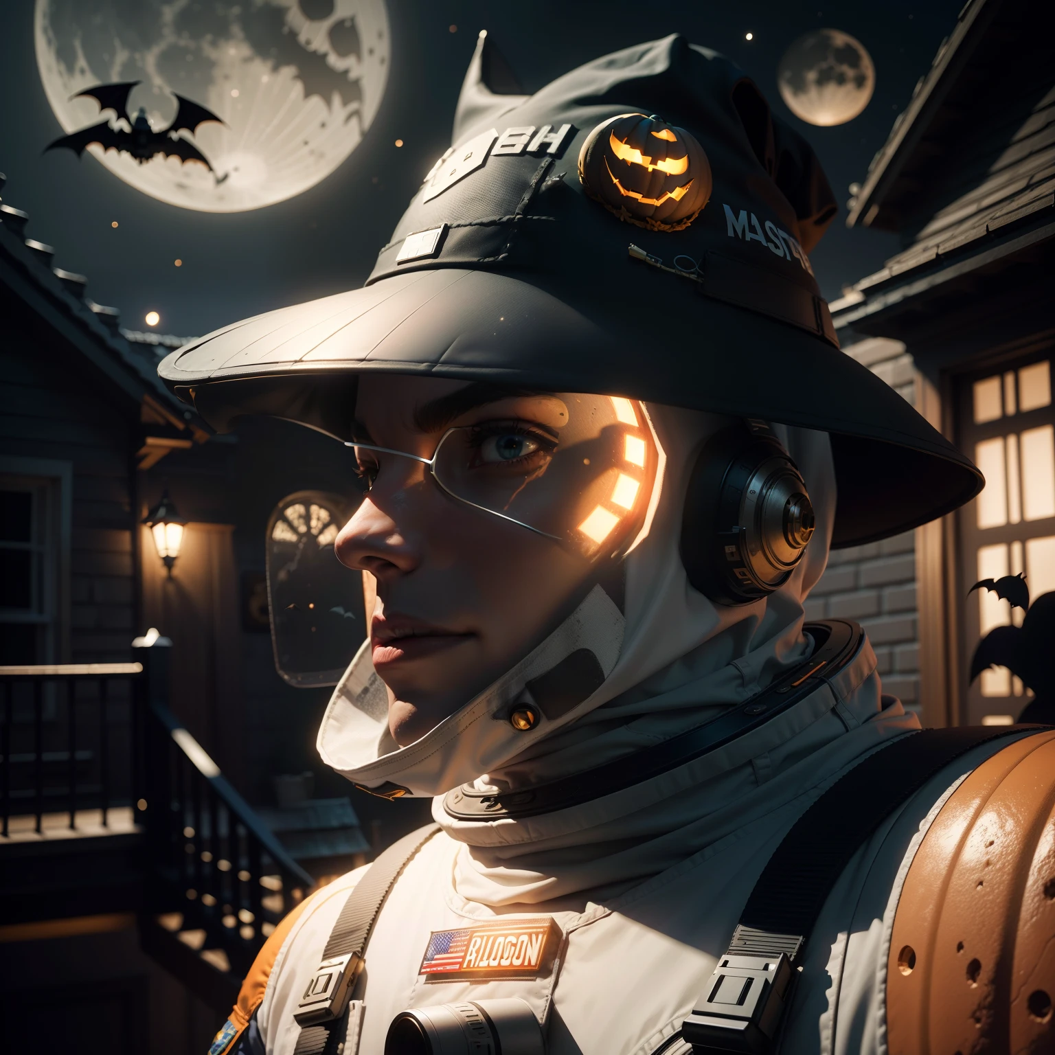 Astronaut wearing Halloween hat,(master-piece,bestquality:1.2),Best Lights,best shadows,Show background, . . . . . . . . . . .bat,full big moon,Old House,stylized 3d render