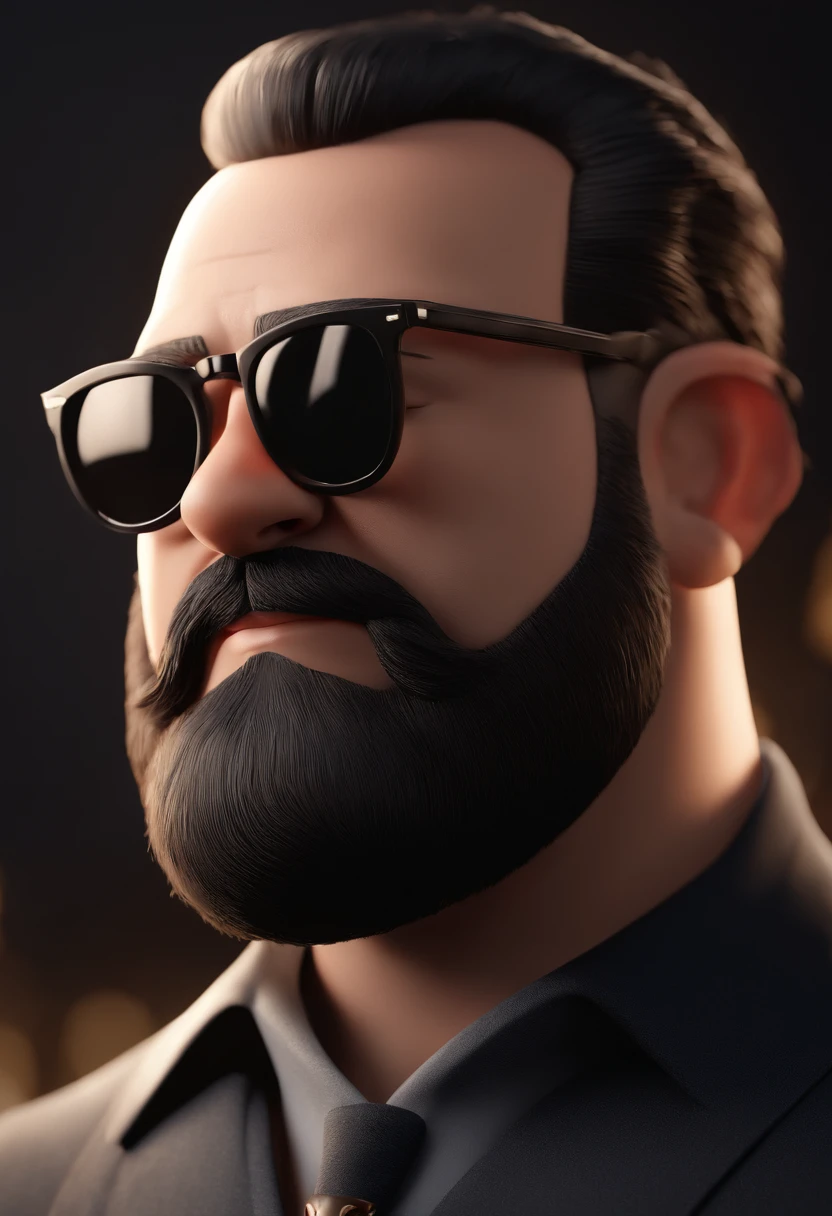 Cartoon character of a man with a shaved head and a big closed beard, with black glasses and black shirt, animation character, Caractere estilizado, animation style rendering, 3D estilizado, Arnold Maya render, 3 d render stylized, toon render keyshot, Personagem 3D, Personagem 3D, 3d rendering stylized, 3 d character render, personagem de desenho animado, Personagem de close up, Pose de personagem,  (Estilo Pixar) (master part:1.2) (Bokeh) (best quality) (pele detalhada) (textura detalhada) (8k) (argila) (Cinematic lighting) (foco nítido)