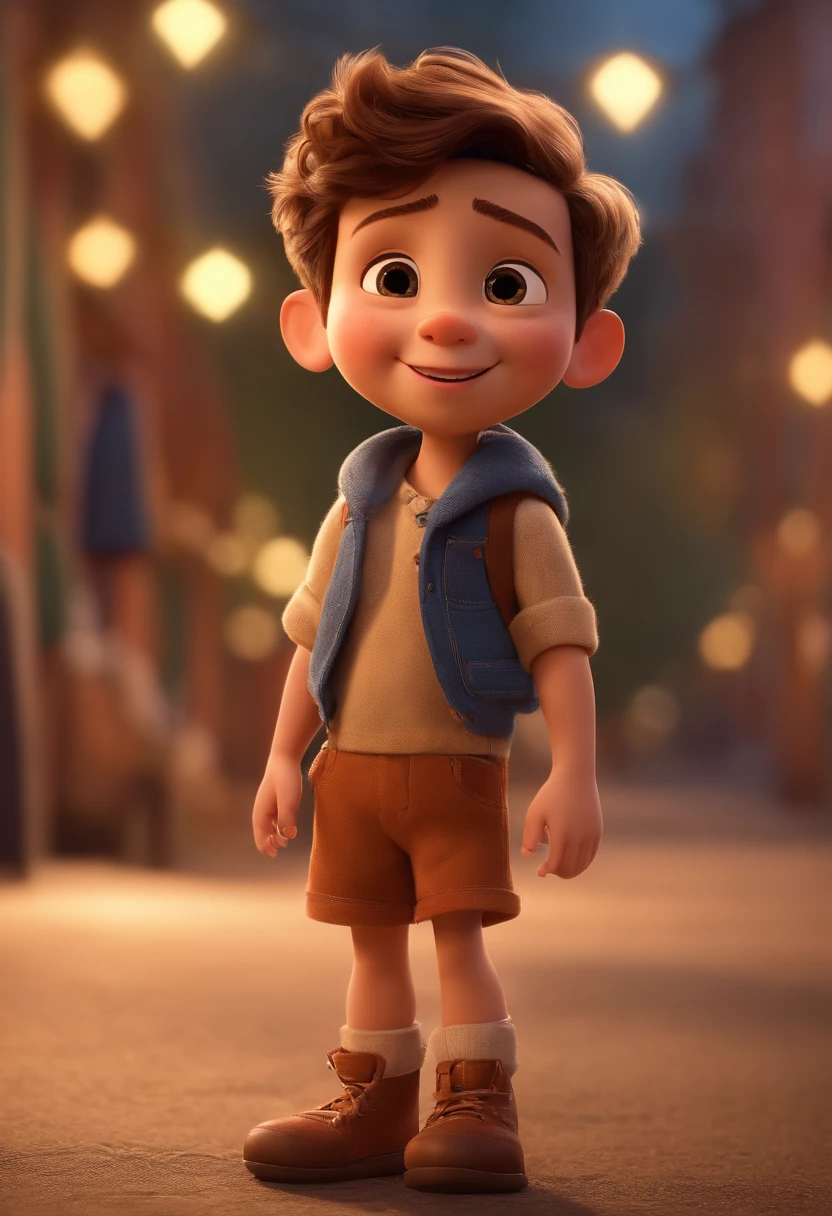 a happy cute ??? standing short hair, vestindo uma fantasia espacial, , fundo branco, barnet, Tom, Estilo Pixar, ....3d, desenhos animados, rosto detalhado, asymmetrical 16k homem de 28 anos, cabelo escuro, olhos castanhos claros, em uma avenida movimentada, com roupas sociais, terno, estilo pixar, realista