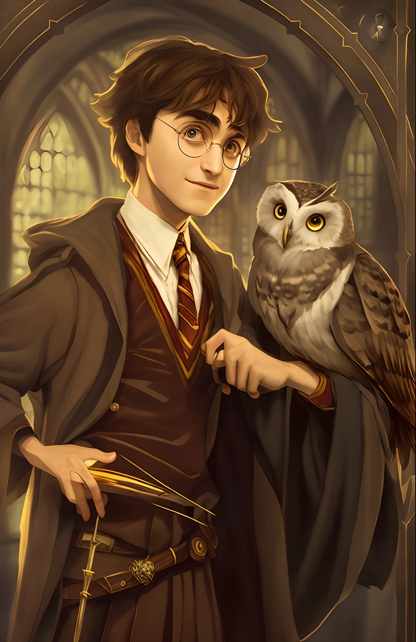 Harry Potter and the Owl Harry Potter and the Owl Harry Potter Harry Potter Potter, Art from Harry Potter, Portrait of Harry Potter, Portrait of Harry Potter, Harry Potter style, based on Fuller Potter, Harry Potter, Harry Potter!!, Fuller Potter, holding a wand, inspired by Hermione Hammond, Holding sticks in hand, Owl Wizard