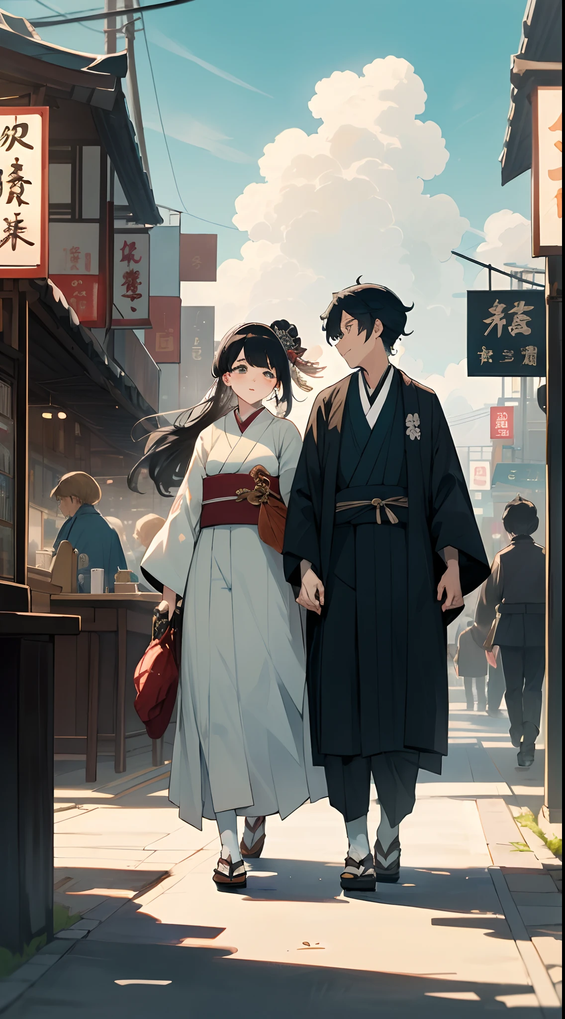 A Japanese style、Ocean wind、Japanese and Western eclectic、Taisho Era、student clothes、In the city with coffee shops and bookstores、Nostalgic、Two men and a woman are walking side by side on an old bicycle、Taisho romance、beautiful blue skies、White and beautiful Irido clouds