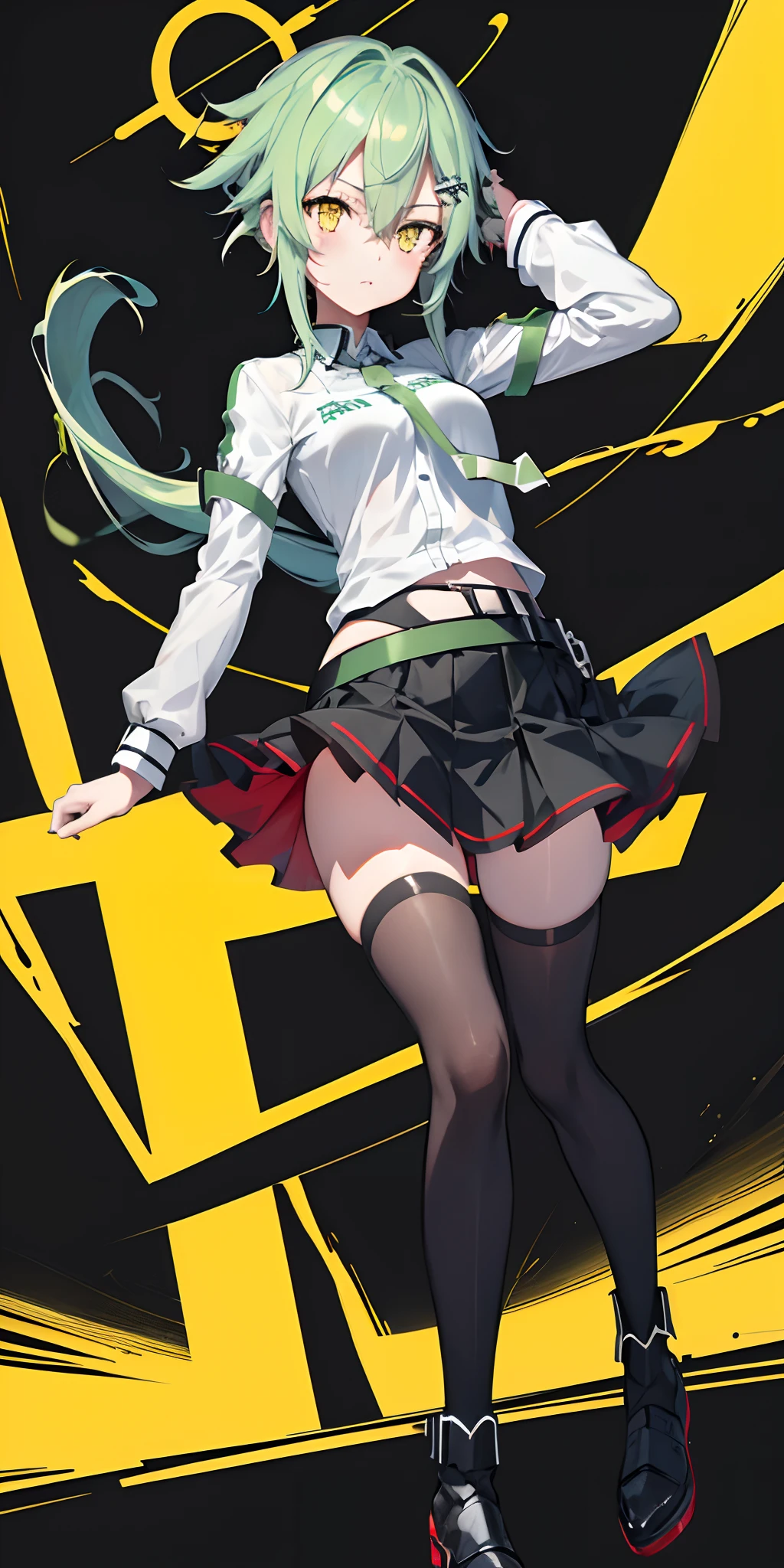 (beste-Qualit, tmasterpiece, 4k), 1girl, 独奏, in full height, Sinon with yellow eyes, wearing a red shirt, black skirt,  black stockings