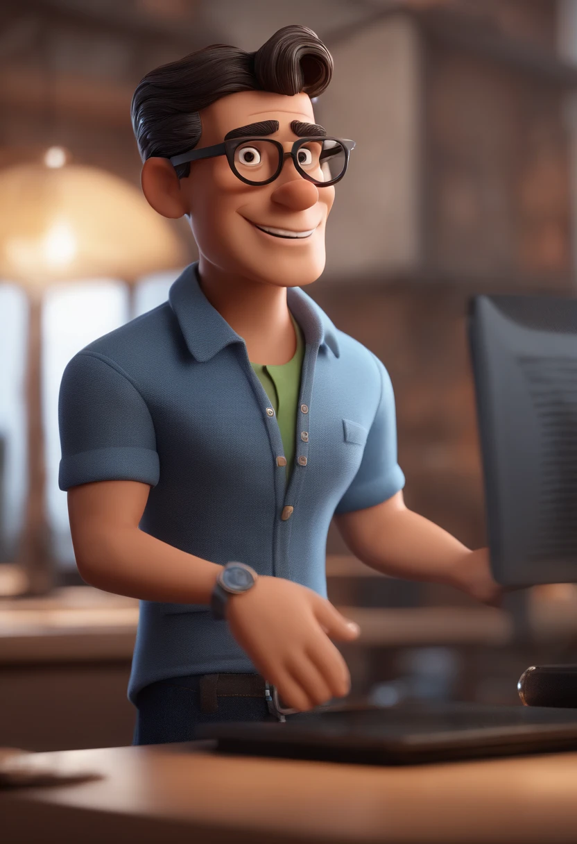 Cartoon character of a man with black glasses and a blue shirt, animation character, Caractere estilizado, animation style rendering, 3D estilizado, Arnold Maya render, 3 d render stylized, toon render keyshot, Personagem 3D, Personagem 3D, 3d rendering stylized, 3 d character render, personagem de desenho animado, Personagem de close up, Pose de personagem,  (Estilo Pixar) (master part:1.2) (Bokeh) (best quality) (pele detalhada) (textura detalhada) (8k) (argila) (Cinematic lighting) (foco nítido
