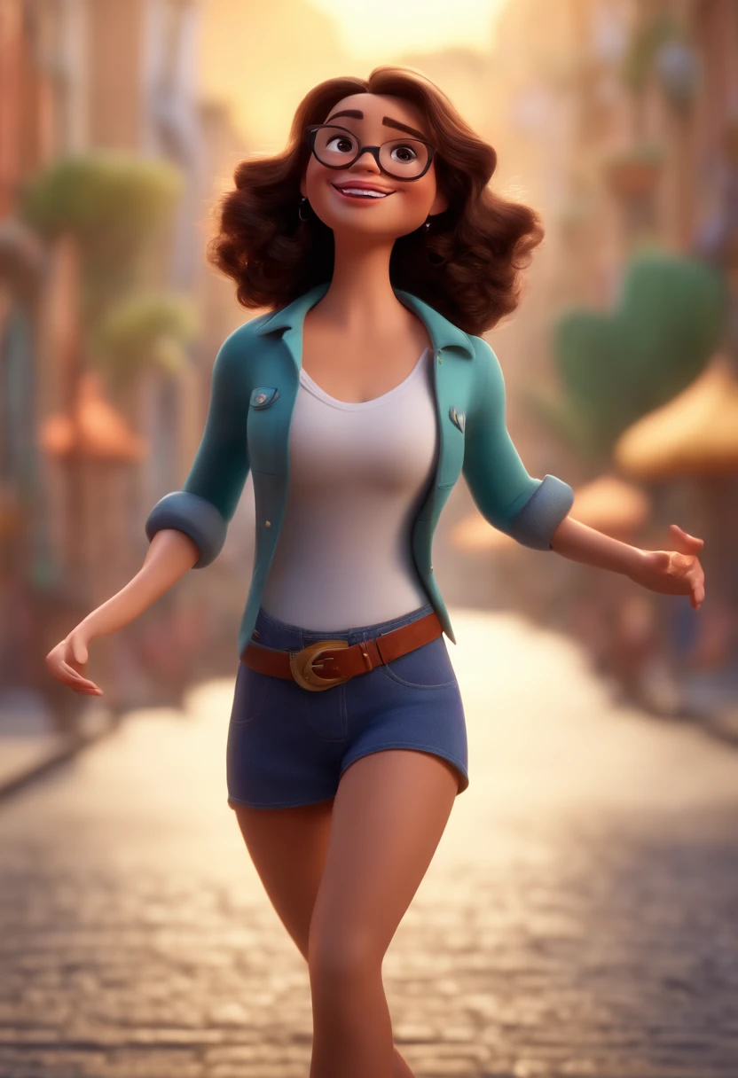 Pixar style image with 3D character white glasses brunette woman straight hair dancing, Maquiagem Disney,Pescador, bonitinho, sorridente ,Close-up, Pixar, Disney, Cinema lighting,