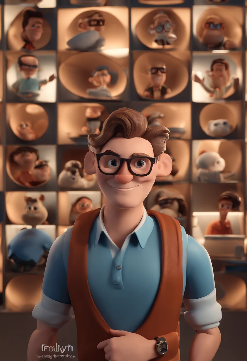 Cartoon character of a man with black glasses and a blue shirt, animation character, Caractere estilizado, animation style rendering, 3D estilizado, Arnold Maya render, 3 d render stylized, toon render keyshot, Personagem 3D, Personagem 3D, 3d rendering stylized, 3 d character render, personagem de desenho animado, Personagem de close up, Pose de personagem,  (Estilo Pixar) (master part:1.2) (Bokeh) (best quality) (pele detalhada) (textura detalhada) (8k) (argila) (Cinematic lighting) (foco nítido