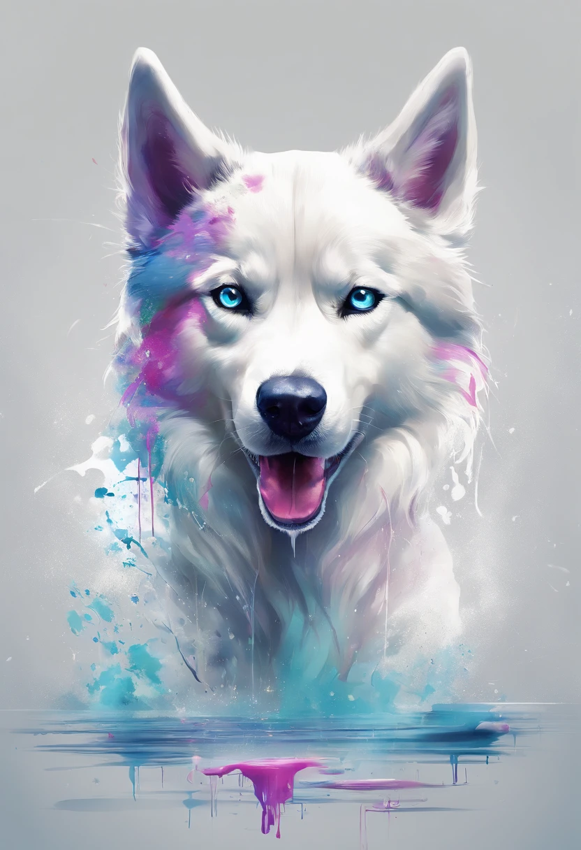 Splash Art, Siberian Husky Dog, ((White background)), Piercing eyes, epic instagram, art  stations, Color paint splash style, outlines, Ultra detailed intricately detailed , Illusion Engine, Fantastical, intricate detailes, Splash Screen, Complementary color scheme, Fantasy concept art, 8K resolution, Masterpieces of Deviant Art, Oil Painting, heavy strokes, paint drips, splashart