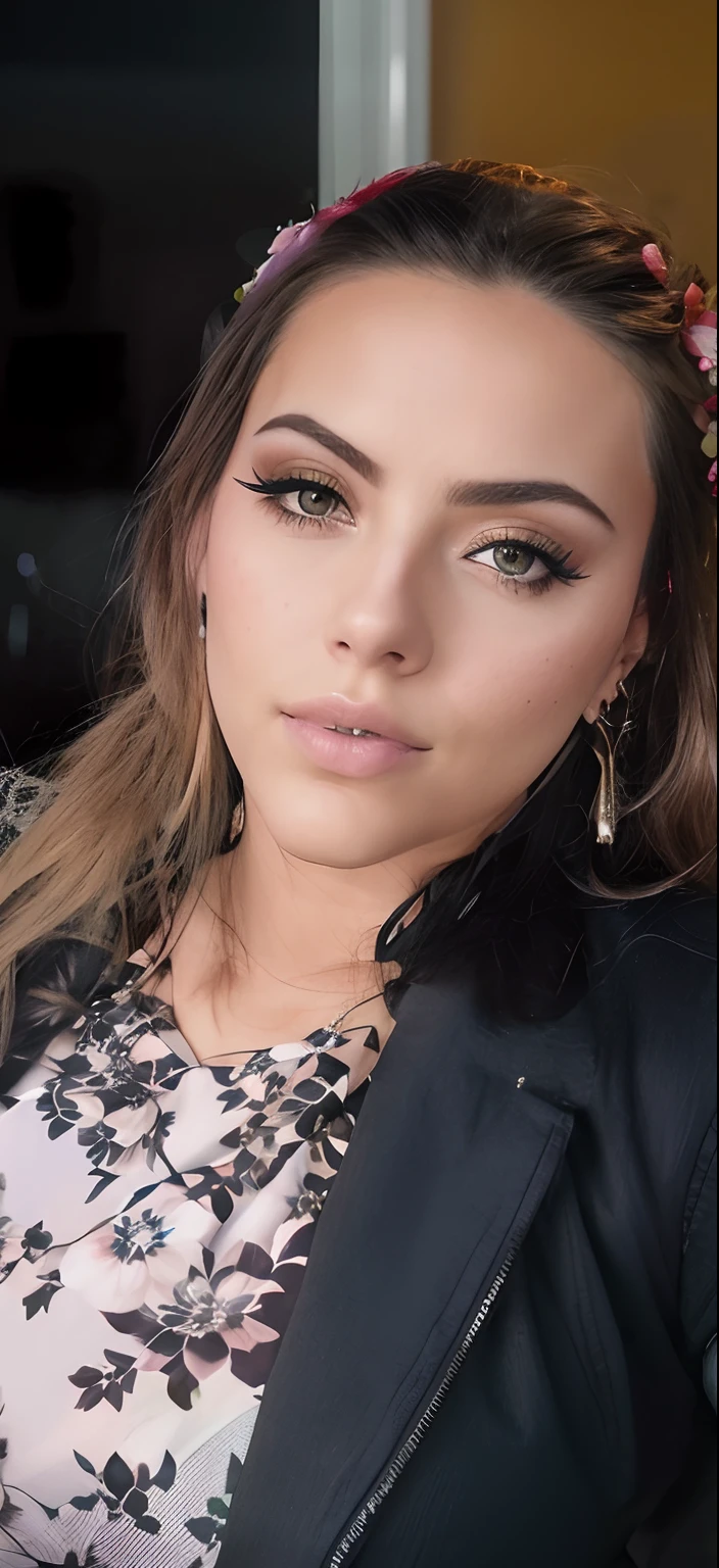 Hay una mujer con una corona de flores en la cabeza, Cara sexy con maquillaje completo, Aspecto de la hora dorada, Aspecto sensual, maquillaje grueso y elegante, Retrato de primer plano de cara completa, Cara impecable detallada, Cara hermosa, con maquillaje profesional, Imagen de perfil, Fantastic full face details, Cara de cerca, Angelawhite, usar maquillaje profesional, looking to the side off camera