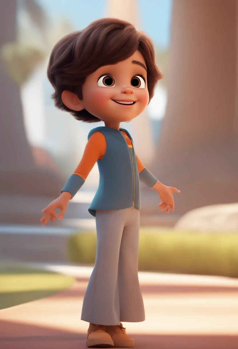 a happy cute standing short hair, vestindo uma fantasia espacial, , fundo branco, barnet, toon, estilo pixar, 3d, desenhos animados, rosto detalhado, asymmetrical 16k