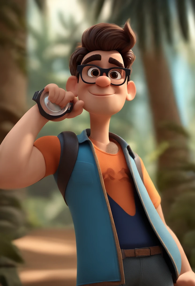 Cartoon character of a man with black glasses, cabelo cacheado marrom escuro e uma camisa azul, animation character, Caractere estilizado, animation style rendering, 3D estilizado, Arnold Maya render, 3 d render stylized, toon render keyshot, Personagem 3D, Personagem 3D, 3d rendering stylized, 3 d character render, personagem de desenho animado, Personagem de close up, Pose de personagem,  (Estilo Pixar) (master part:1.2) (Bokeh) (best quality) (pele detalhada) (textura detalhada) (8k) (argila) (Cinematic lighting) (foco nítido