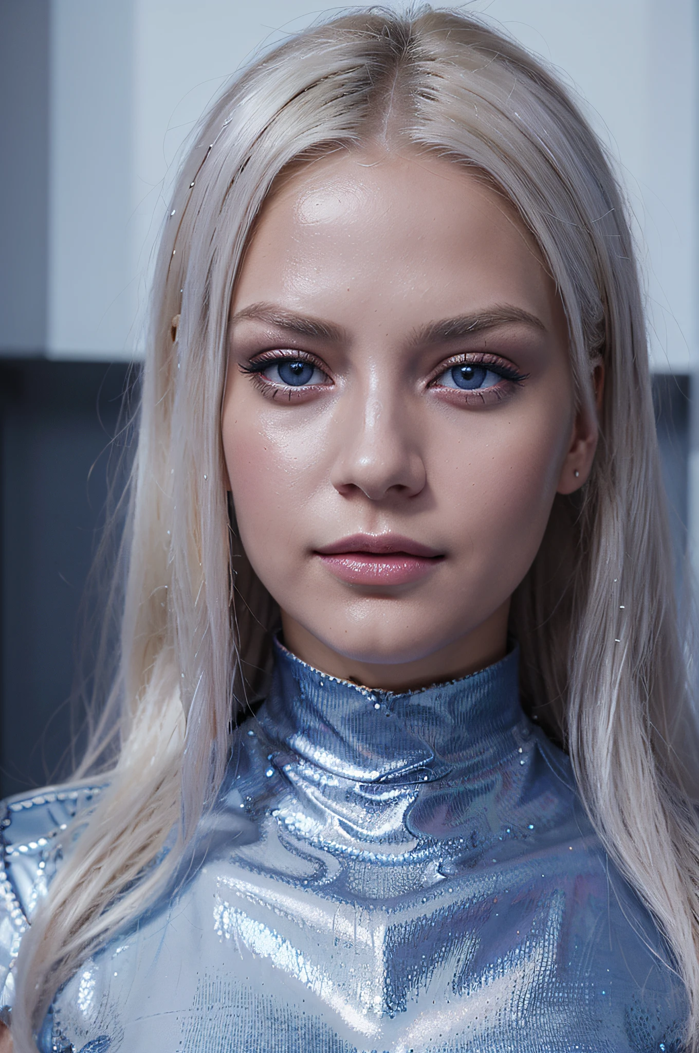 Stunning gorgeous pretty young girl with straight platinum blonde hair, silky shiny skin, blau leuchtenden Augen, vollbusig, Masterpiece, Ultra-HD, rote Latex Bluse, shiny, shiny, Lipgloss, perfektes Gesicht, roter Lippenstift