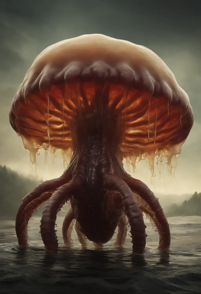 Artwork of a medium jelly-like monster looking like mud, No legs and arms, but with completely translucent skin and visible internal organs. The mouth is like a tube, tem seis olhod redondos