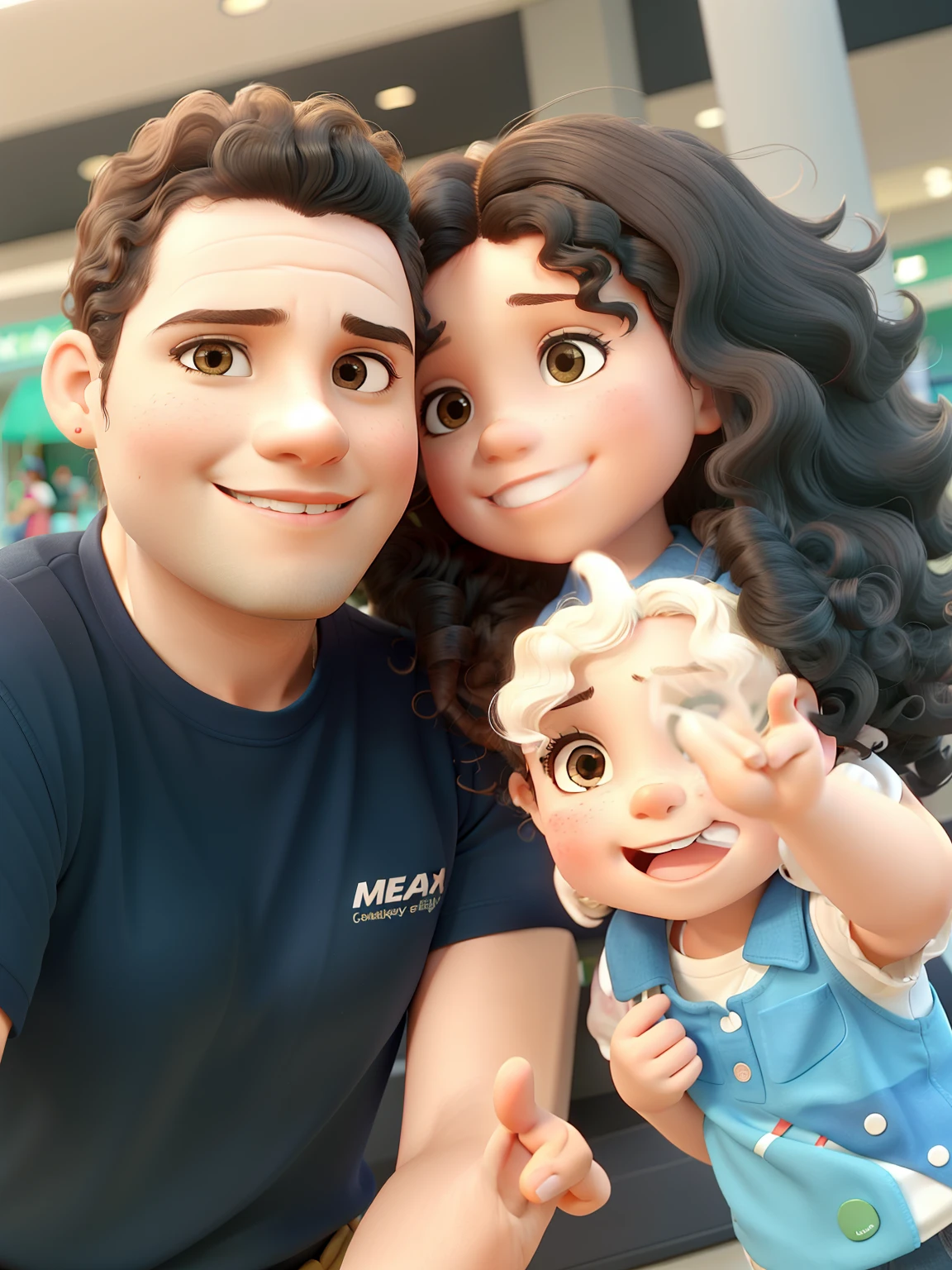 Um rapaz de 33 anos, next to a girl with curly hair, A 1-year-old baby at the mall