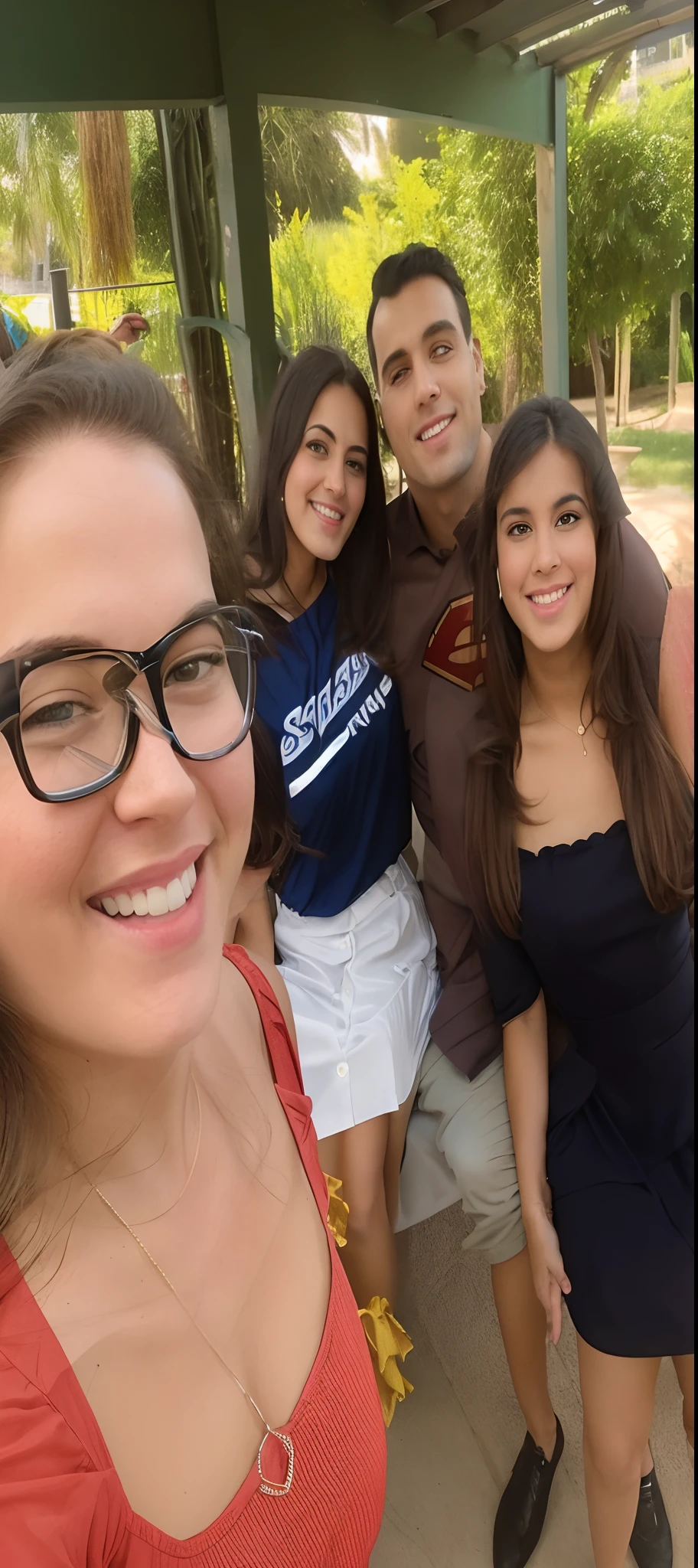 There is a man and a girl who are sitting in Superman's blouse and the girl in blue blouse