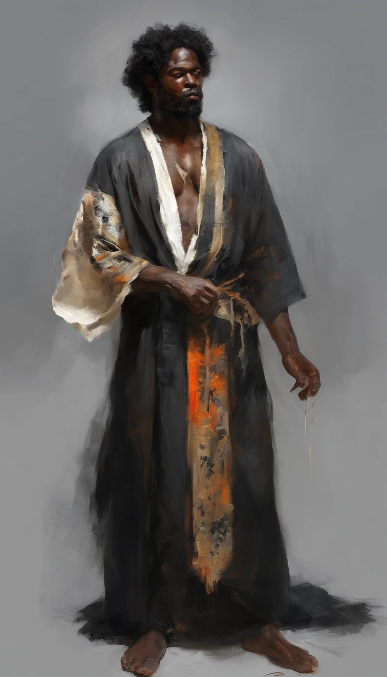 Young aged black man, Evil painting style, A high resolution, Black color hair, Half is the body of a demon,Half a demon face, Delicate three-dimensional blue flame demon face, sbeard, Expression of anger, Perfect body proportions, kaftan, Black and white robes, A scabbard hangs from his waist, Handsome, Full body view, standing on your feet, (White background:1.。。。。, Face the lens, (Blackn clothes:0.8), High detail, Masterpiece, ccurate, Anatomically correct, Textured skin