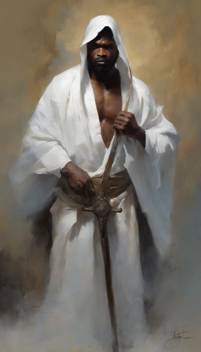 Young aged black man, Evil painting style, A high resolution, Black color hair, Half is the body of a demon,Half a demon face, Delicate three-dimensional blue flame demon face, sbeard, Expression of anger, Perfect body proportions, kaftan, Black and white robes, A scabbard hangs from his waist, Handsome, Full body view, standing on your feet, (White background:1.。。。。, Face the lens, (Blackn clothes:0.8), High detail, Masterpiece, ccurate, Anatomically correct, Textured skin
