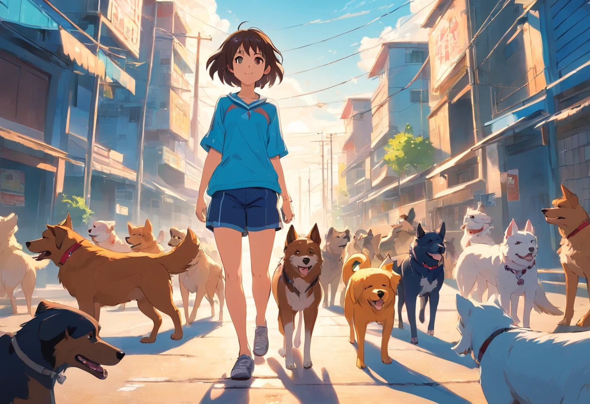 A girl with fine features, pele clara, cabelos bem curtos, cabelos castanhos claros, usando blusa azul, is standing, Surrounded by several cheerful dogs, estilo anime