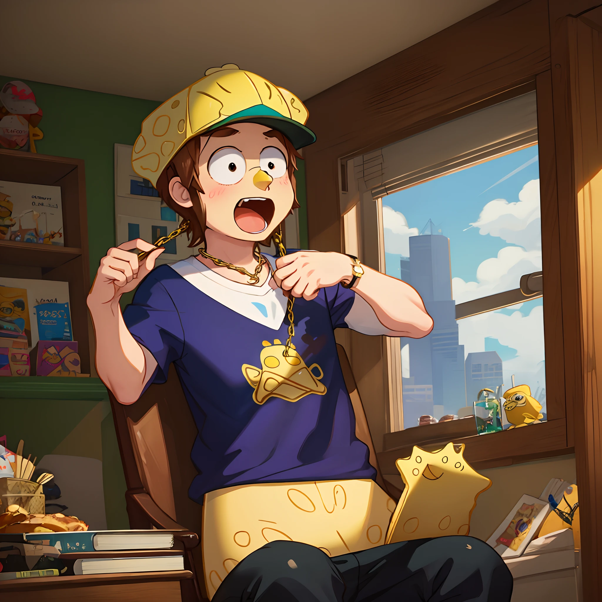 draw me a picture of SpongeBob with a gold diamond chain and a red New York yankee hat sitting down across from mr krabs in his office yelling