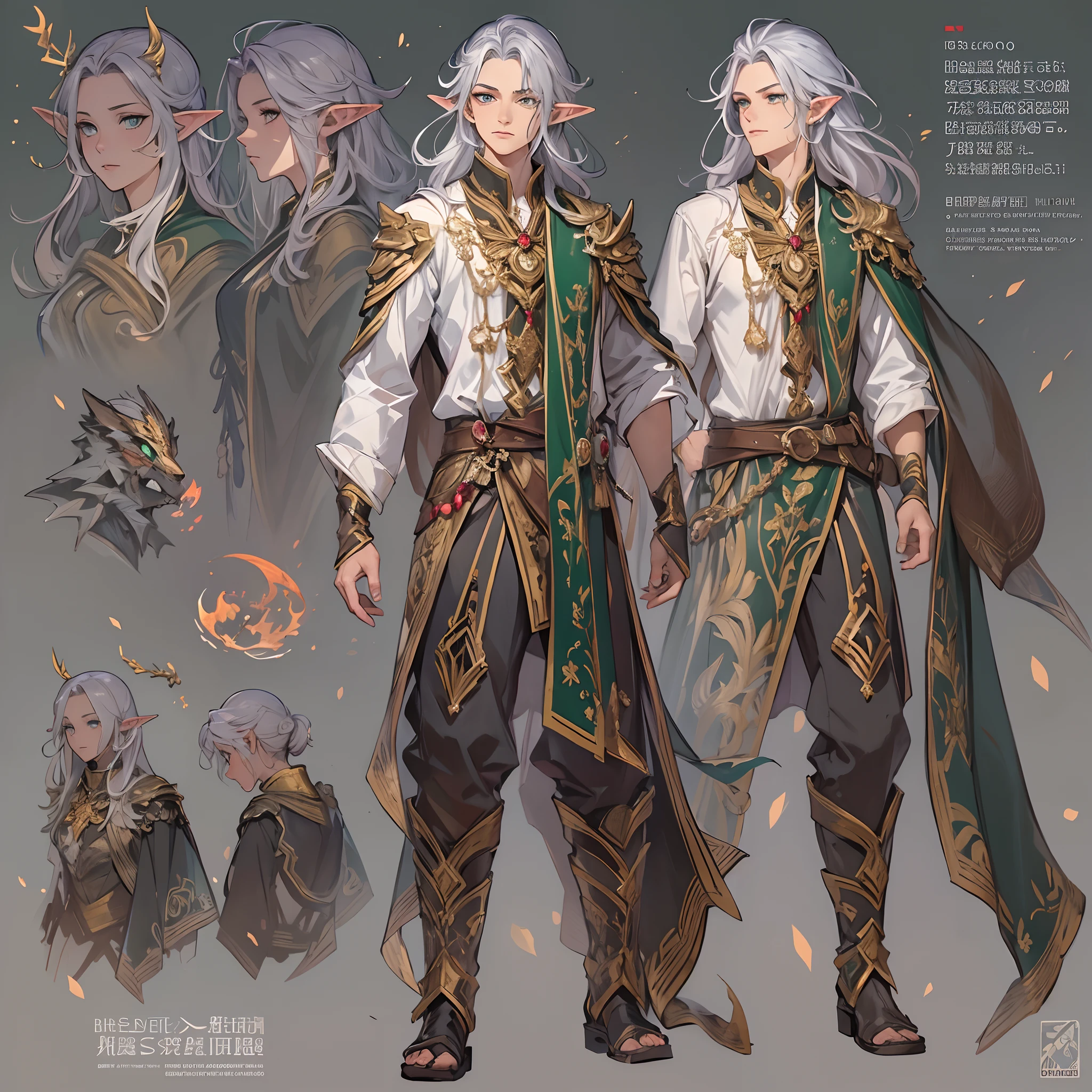 ((Masterpiece, Highest quality)), Detailed face, CharacterDesignSheet, full bodyesbian, Full of details, Multiple poses and expressions, Highly detailed, Depth, Many parts,Male mage,estilo fantasia,Surrounded by flames,Extremely beautiful,High Balance, Natural light, Phoenix decoration,Flame decoration,Mirror 1 male, reference sheet, matching outfits, (Fantasy character design, front angle, Side angle, rear angle) wolfberry, persuasive, Wise. Tall and tall elf, There are muscles,Long silver hair hung down to the shoulders, Pointy ears. with emerald green eyes,Twinkle with a mischievous glow, Burly figure, Dress up in colorful outfits suitable for wandering bards.(Best quality, Masterpiece), 1 adult male, 15 Three-view diagram, frontage、Back and side, character sheets,full bodyesbian,Simple background