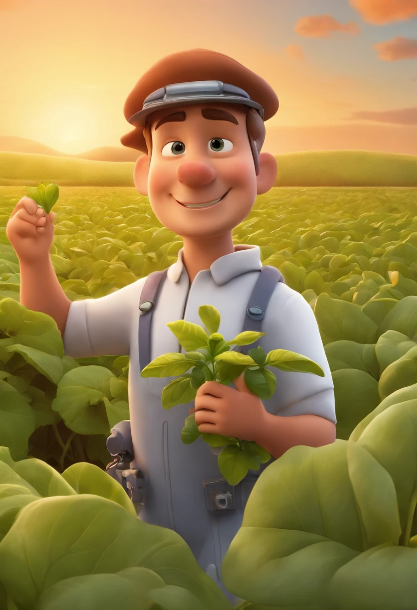 Disney Pixar Animation Cartoon Movie Style, Astronaut and farmer holding a soybean plant in a soybean field.