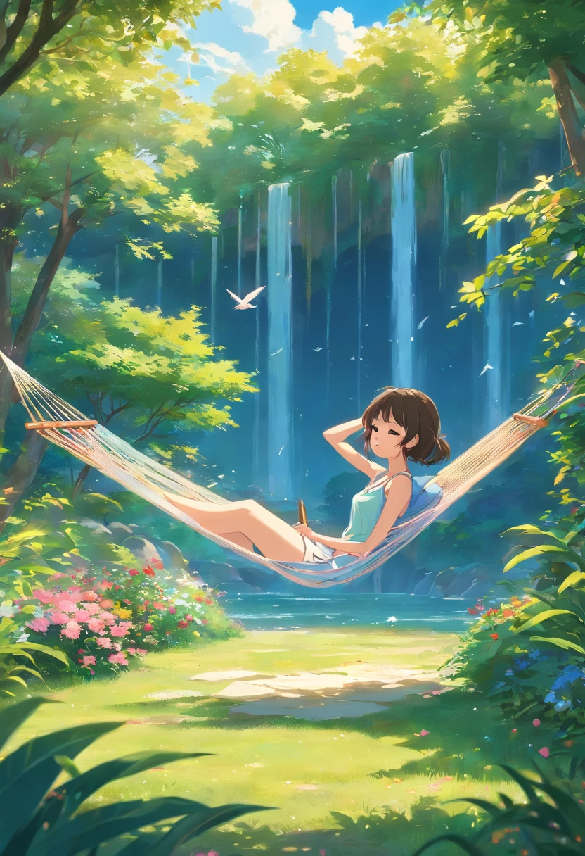 a girl lying on a comfortable hammock in a colorful garden,gentle sunlight shining through the leaves,soft breeze gently swaying the flowers and grass around her,relaxing atmosphere,surrounded by lush greenery,natural beauty,peaceful and serene,perfectly relaxed and carefree mood [beautiful detailed eyes,beautiful detailed lips],wearing a loose summer dress,engrossed in a captivating book,in the background,there is a small waterfall cascading down gently,lazy clouds floating in the clear blue sky,birds chirping happily,creating a harmonious melody,inspiring a sense of tranquility and calmness,artistic and dreamlike scenery,masterpiece:1.2,highres,ultra-detailed,photorealistic,studio lighting,vivid colors,soft and warm color palette