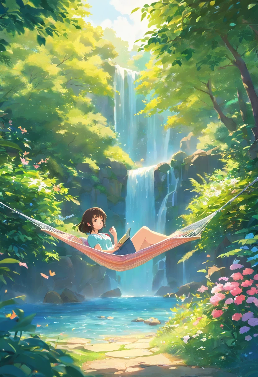 masterpiece, Highest quality, High resolution backgrounds, Bright and beautiful atmosphere, Two Girls (10 years old, 1. Short-tempered round face), 1 (hair, Surface Effects), Small breasts, Tropical trees々Hammock between、Overlooking the forest from a high hill、A hammock tied high up 、Two girls sleeping in a hammock、Valley of the Wind、A tree sparkling in the sunlight々、(topless)、Glowing Skin