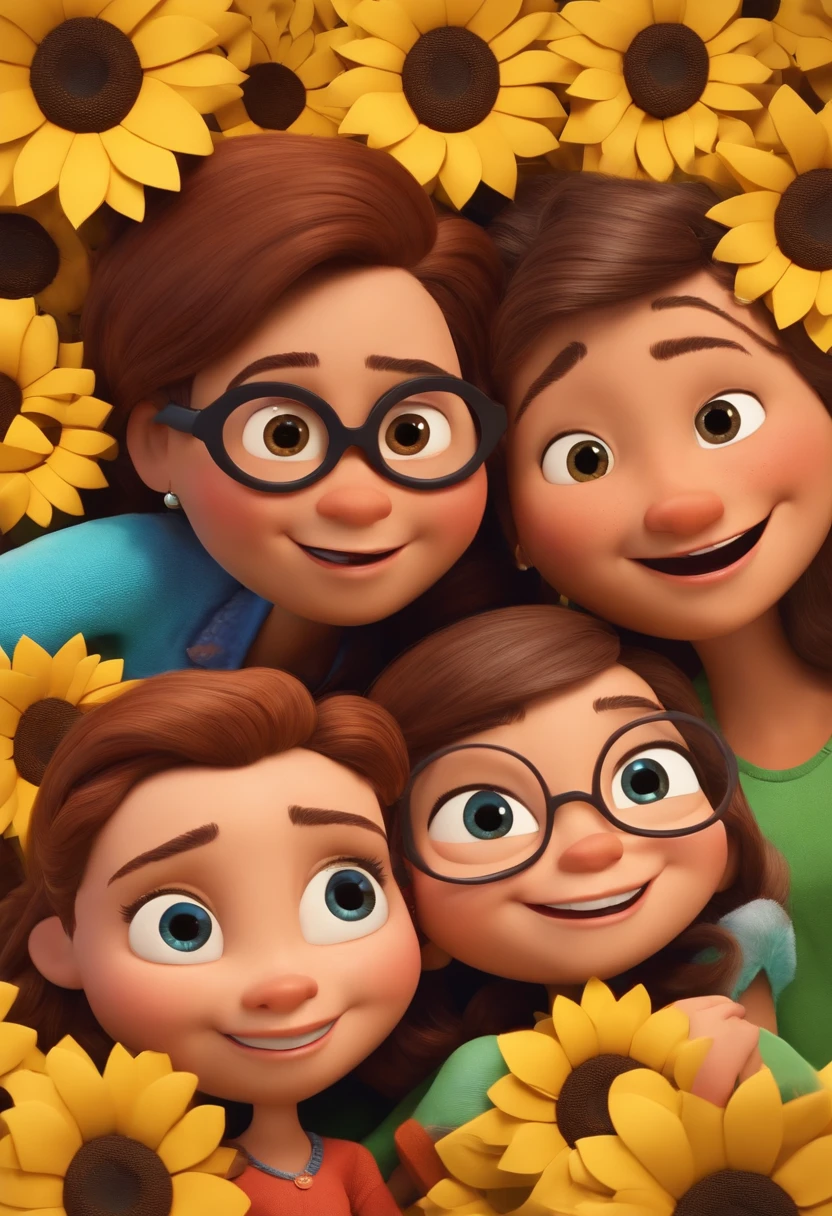 Create a Disney PIXAR-style 3D poster. ((Twin Imaging Center)), as meninas tem 7 anos, ((3 children)) ((1 menino no meio e 2 meninas ao lado, They're hugging each other, O menino tem 1 ano pele castanha e cabelos castanhos escuros e olhos castanhos escuros, 1 menina tem pele clara, olhos e cabelos castanhos claros e cacheados, e a outra menina tem pele morena, olhos escuros e cabelos escuros e lisos)) ((tudo isso no estilo Disney PIXAR 3D, In the background, A house of sunflowers, Gloria Studio, The garden is full of nature 3D render RTX clay material, estilo de design cartunesco, POP Mart, soft lighting, linhas suaves, Spring tilt, Detailed illustrations of PIXAR 3D, Detalhes hiper-realistas, cor quente no estilo Disney PIXAR 3D)), ((Man has brown skin is bald, He wears glasses and is 31 years old)), ((a mulher tem a pele clara 32 anos, cabelos longos cacheados, olhos castanhos claros e usa vestido))