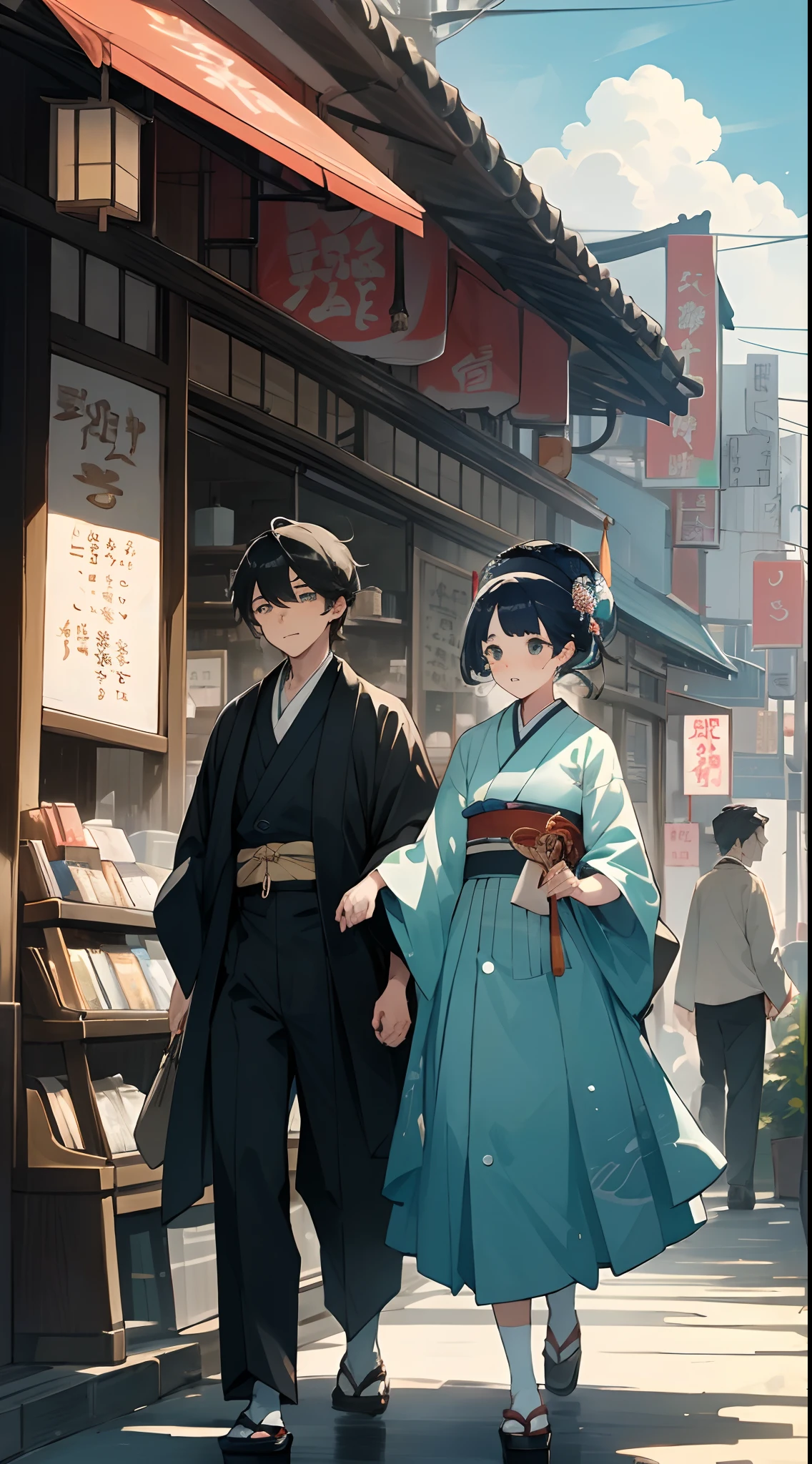A Japanese style、Ocean wind、Japanese and Western eclectic、Taisho Era、student clothes、In the city with coffee shops and bookstores、Nostalgic、Two men and a woman are walking side by side on an old bicycle、Taisho romance、beautiful blue skies、White and beautiful Irido clouds