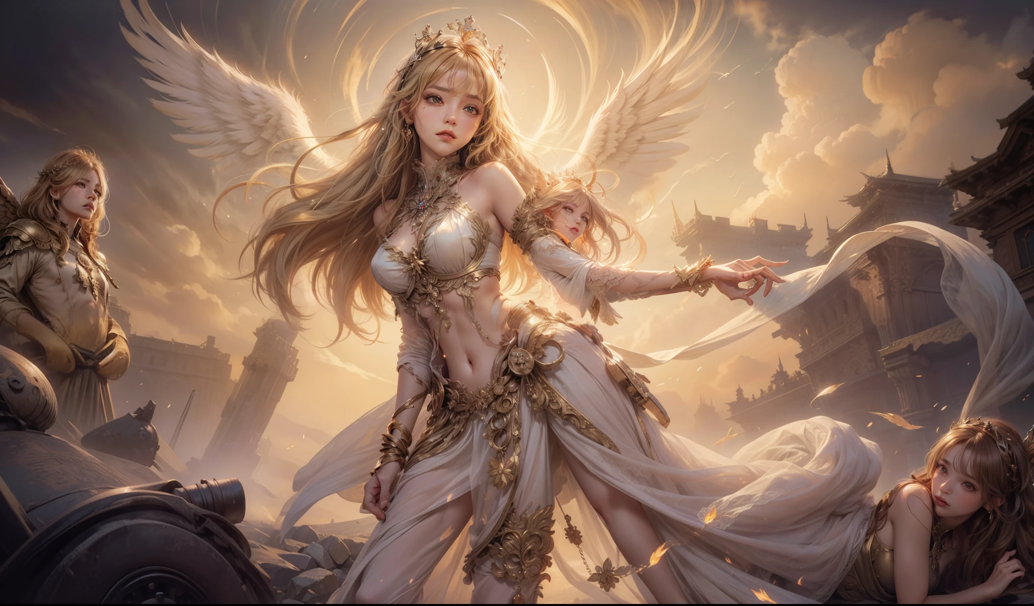 (maximum resolution: 1.2), (Ultra HDTV: 1.2), 8K resolution, Eye and skin detail, detailed facial features, , ( Sharp focus: 1.2), (Focus focus) exact) facial expression: 1.2), Girl standing, Angel wings, Heavenly Costume, (long hair), Blond with a golden crown on her head, Cloud and sky background