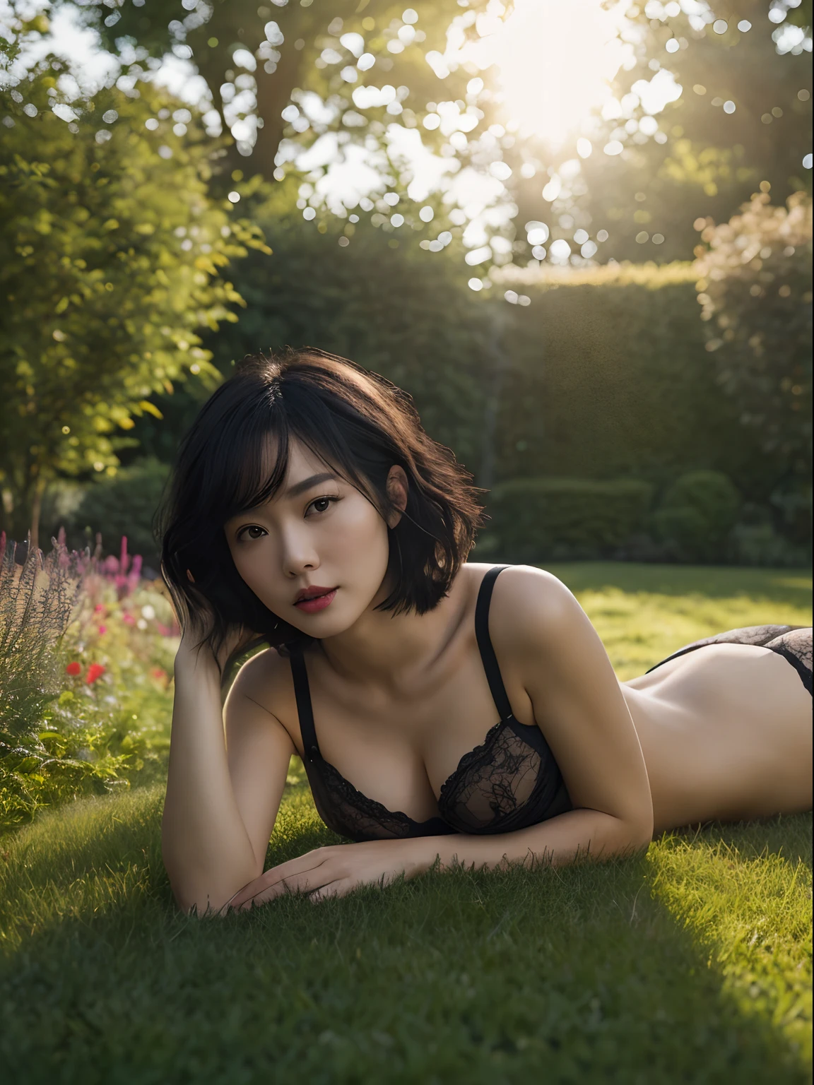 (Best quality, 8k, 32k, Masterpiece, UHD:1.2), Photo of Pretty Japanese woman, medium size breasts, bob hairstyle, short Black Hair, lingerie,, sexy body, JAV, dramatic lighting, romantic vibe, laying on the ground of a garden, garden scene, alluring, feeling in love, attractive