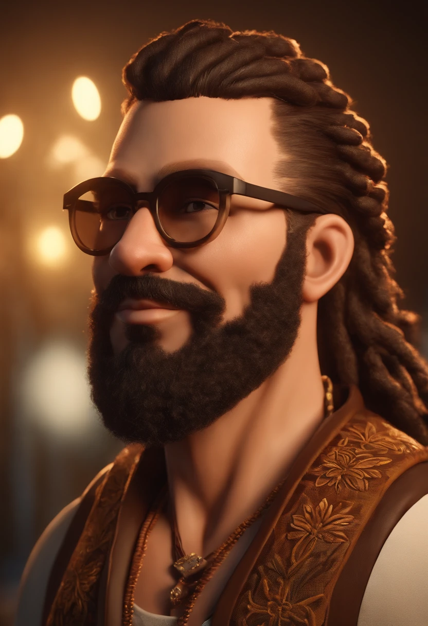 Cartoon character of a 30-year-old man in black glasses with copper and a hippie vest, Beard and headscarf with dreads hair, tatuagens pelo corpo de lua e sol, With a maracá instrument in his hand, Smiling and singing animation character, Caractere estilizado, animation style rendering, 3D estilizado, Arnold Maya render, 3 d render stylized, toon render keyshot, Personagem 3D, Personagem 3D, 3d rendering stylized, 3 d character render, personagem de desenho animado, Personagem de close up, Pose de personagem,  (Estilo Pixar) (master part:1.2) (Bokeh) (best quality) (pele detalhada) (textura detalhada) (8k) (argila) (Cinematic lighting) (foco nítido