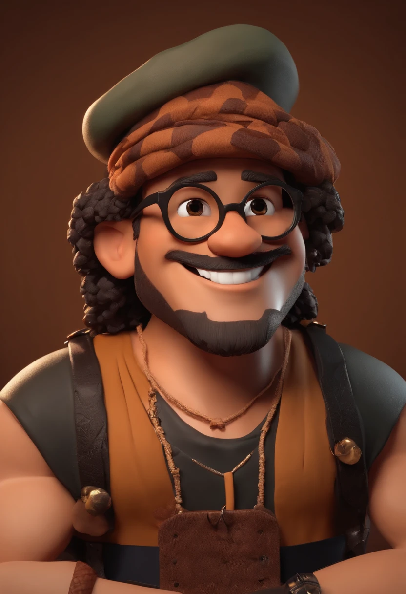 Cartoon character of a 30-year-old man in black glasses with copper and a hippie vest, Beard and headscarf with dreads hair, tatuagens pelo corpo de lua e sol, With a maracá instrument in his hand, Smiling and singing animation character, Caractere estilizado, animation style rendering, 3D estilizado, Arnold Maya render, 3 d render stylized, toon render keyshot, Personagem 3D, Personagem 3D, 3d rendering stylized, 3 d character render, personagem de desenho animado, Personagem de close up, Pose de personagem, (Estilo Pixar) (master part:1.2) (Bokeh) (best quality) (pele detalhada) (textura detalhada) (8k) (argila) (Cinematic lighting) (foco nítido