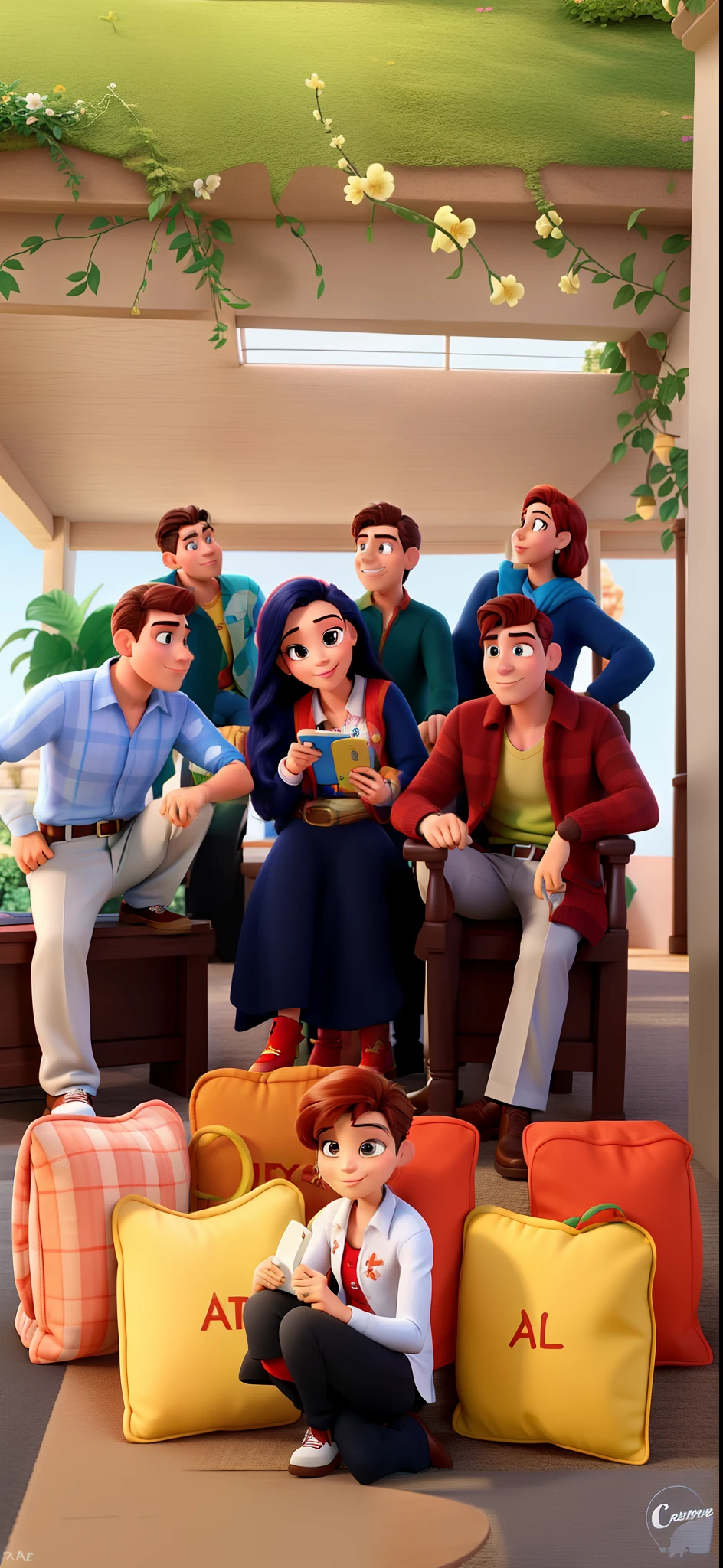 Casal (homem moreno e mulher branca) no estilo Disney Pixar, alta qualidade, melhor qualidade.