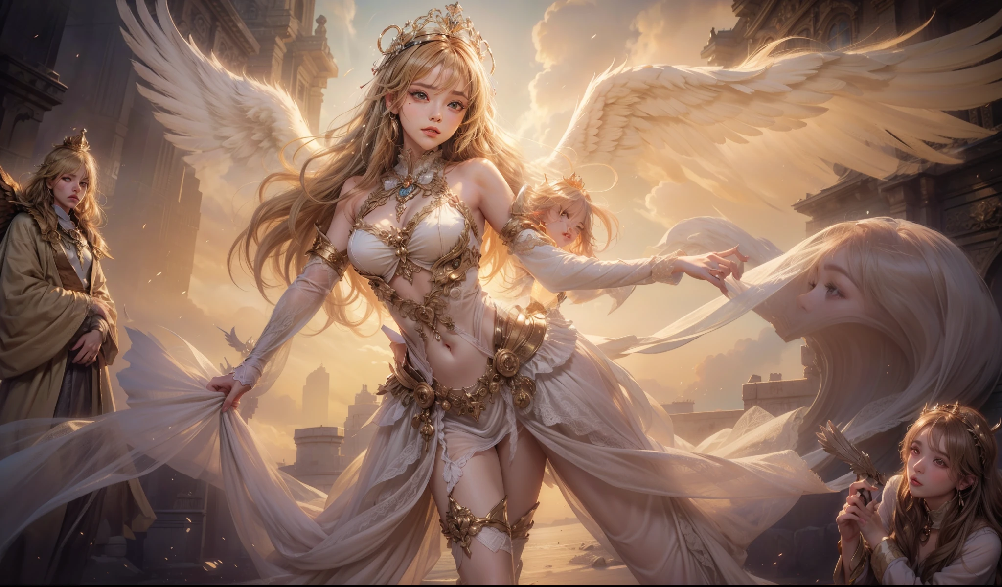 (maximum resolution: 1.2), (Ultra HDTV: 1.2), 8K resolution, Eye and skin detail, detailed facial features, , ( Sharp focus: 1.2）, (Focus focus) exact) facial expression: 1.2), Girl standing, Angel wings, Heavenly Costume, (long hair), Blond with a golden crown on her head, Cloud and sky background