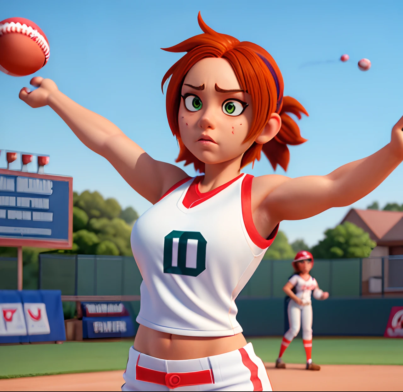 Masterpiece, (watercolor:1.3), (short stack:1.1), forward facing, eyes on camera, serious expression, (action shot:1.4) , (upper body strength:1.3), contrapposto (tattoo:1), softball pitcher, auburn hair, green eyes, (string bikini:1), pitching a softball at viewer, (focus on softball in foreground:1.4), sunny, natural lighting, High definition, excellent resolution, excellent quality, insane detail, semi realistic, postprocessed, crisp face, facial features, extremely detailed, facial features