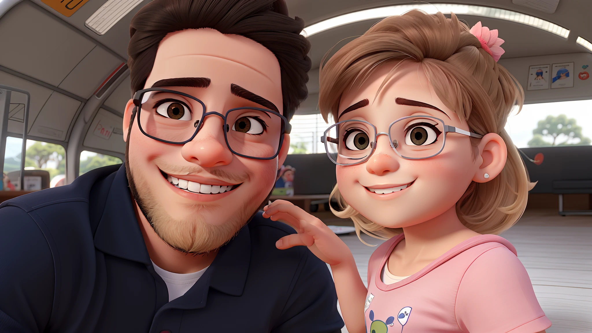 pai jovem olhando para frente, barba e oculos, Baby girl 3 years old smiling