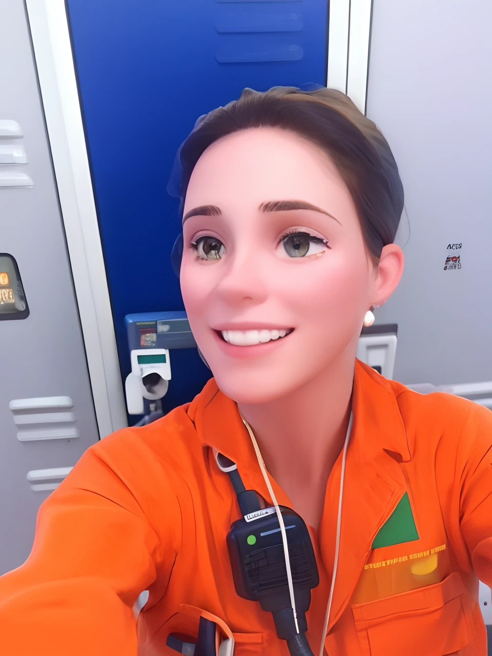 Oil Operator Petrobras Blonde Hair Orange Uniform With Radio Communication On Equipment Called Tower