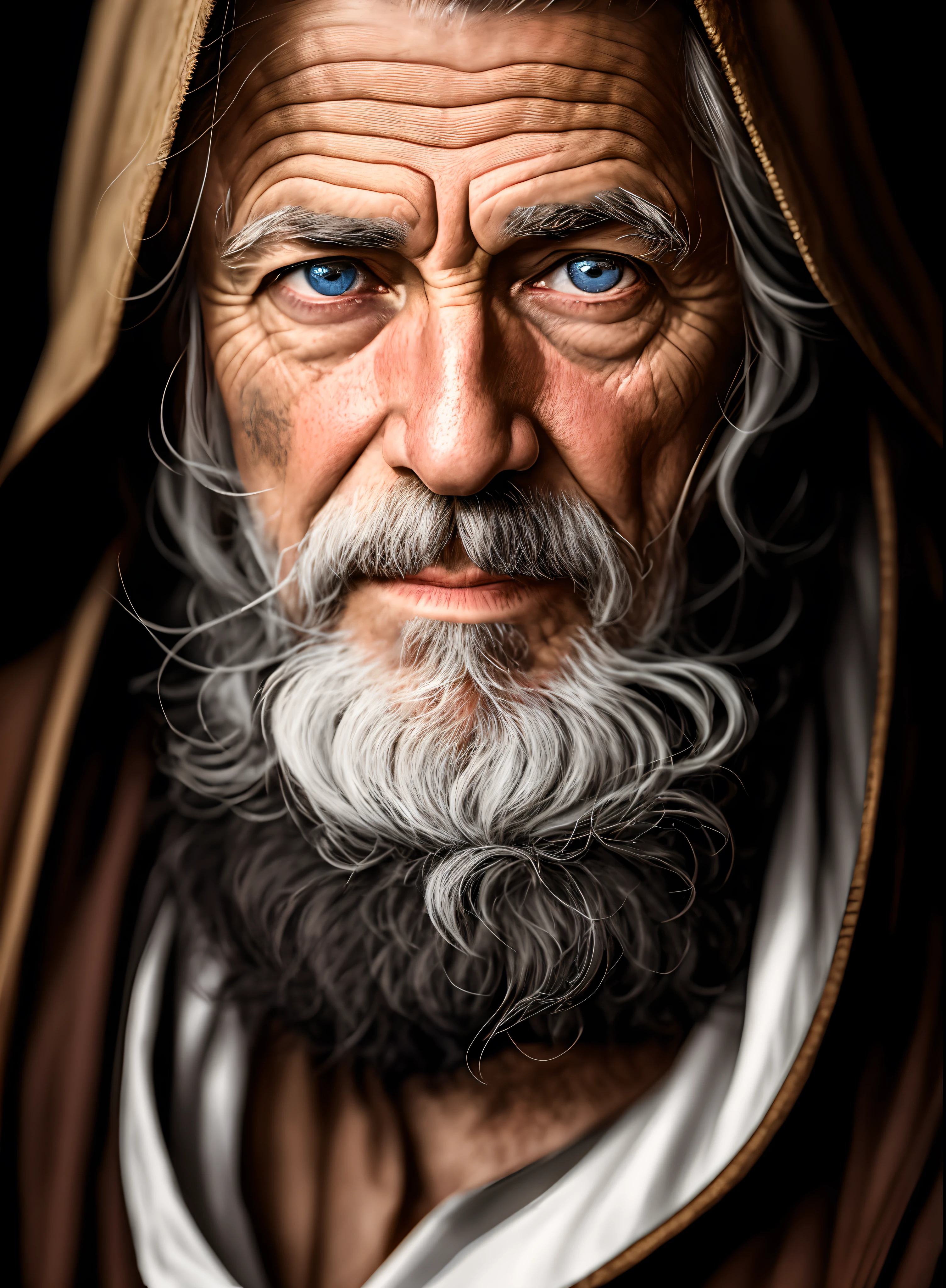 A portrait of a wizard, bearded, wrinkled, weathered, with piercing eyes, detailed face, high details, photography, dark studio, rim light, Nikon D850, 50mm,