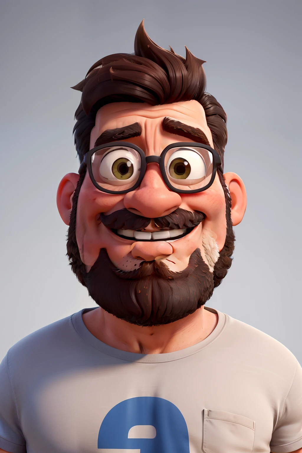 Um homem de 40 anos , barba grande grisalha , cabelo raspado grisalho , bigode com curva , camiseta preta, sorrindo