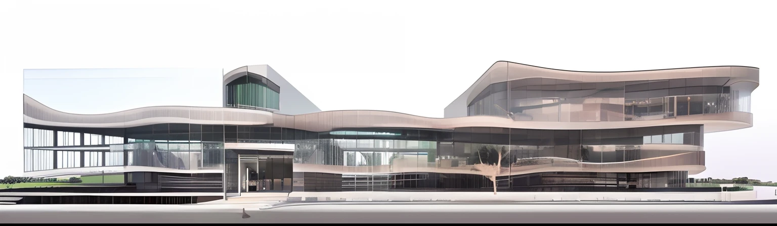 rendering of a building with a curved facade and a glass wall, architecture render, architectural render, final render, hq render, oc rendered, front-view, high detail render, detail render, highly photographic render, wide angle exterior 2022, front perspective, complex 3d render, architecture render ”, complex 3 d render, octae render, highly detailed render, green area, tree on top, event space, people, fashion, light on, light led, warm light