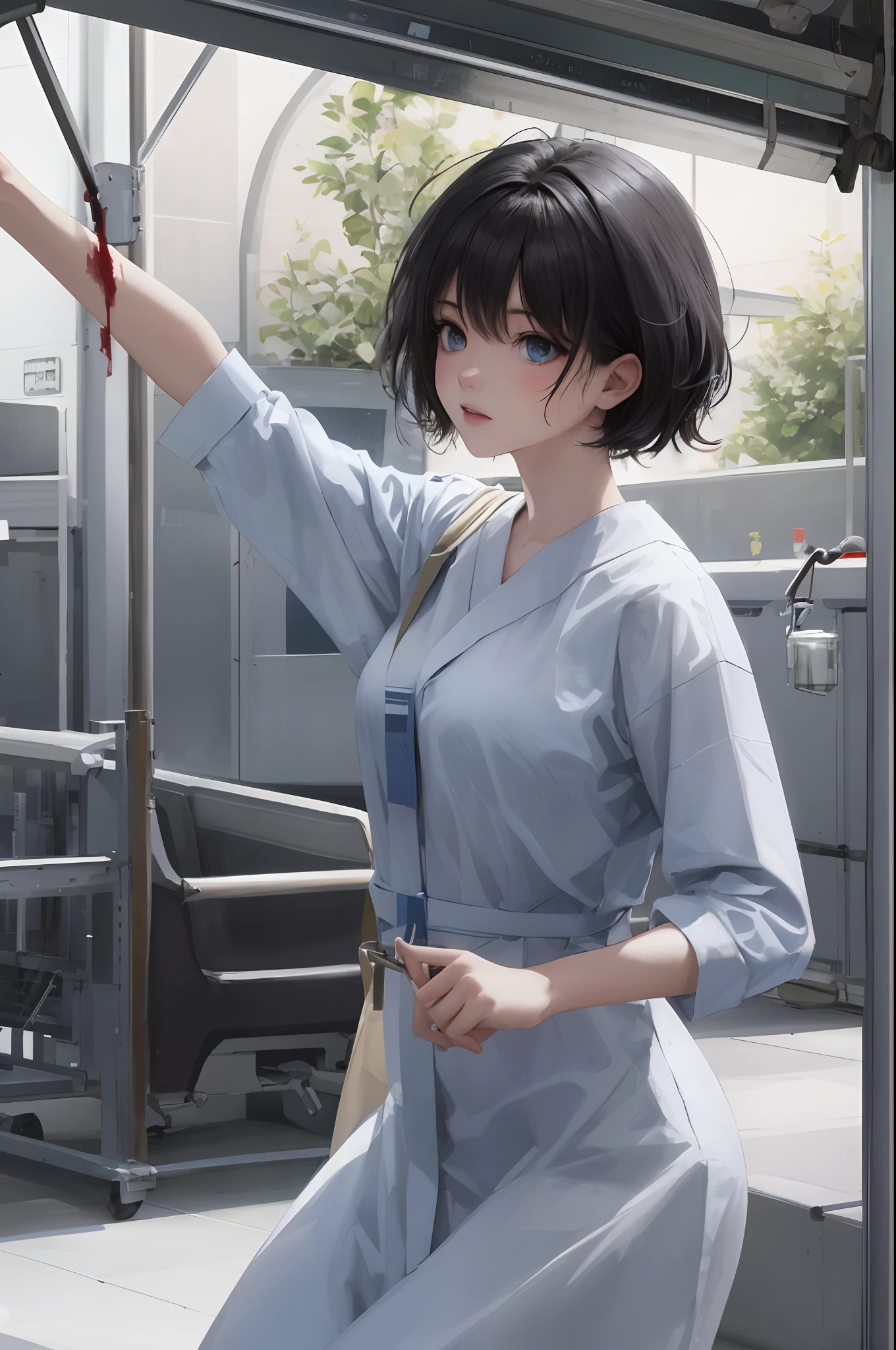 Child; female; medium length black hair; hospital gown; blue eyes; bloody body