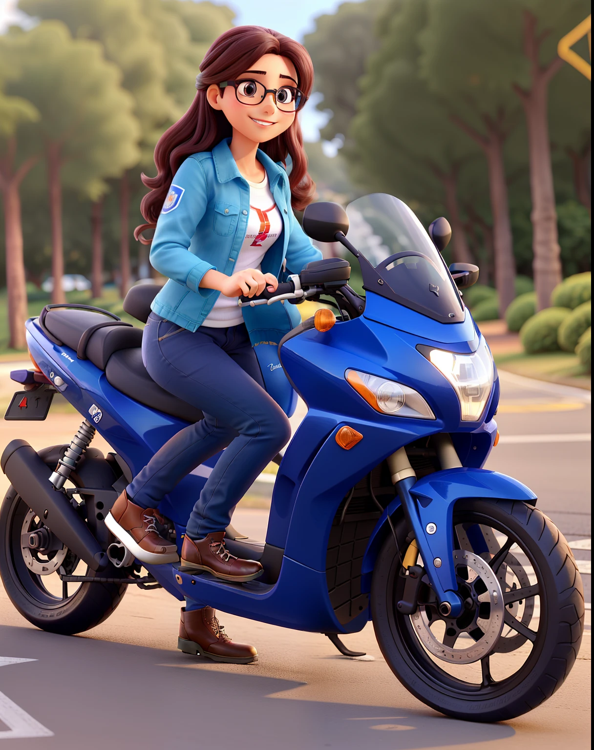 Beautiful woman, 27 anos, cabelo castanho liso, olhos castanhos escuros, sorriso lindo, glasses, vestindo uma jaqueta de motoqueira, blue pants, camisa branca por dentro com o nome Jesus desenhado nela, em um parque, com um capacete preto com rosa, de lado de uma Honda PCX azul