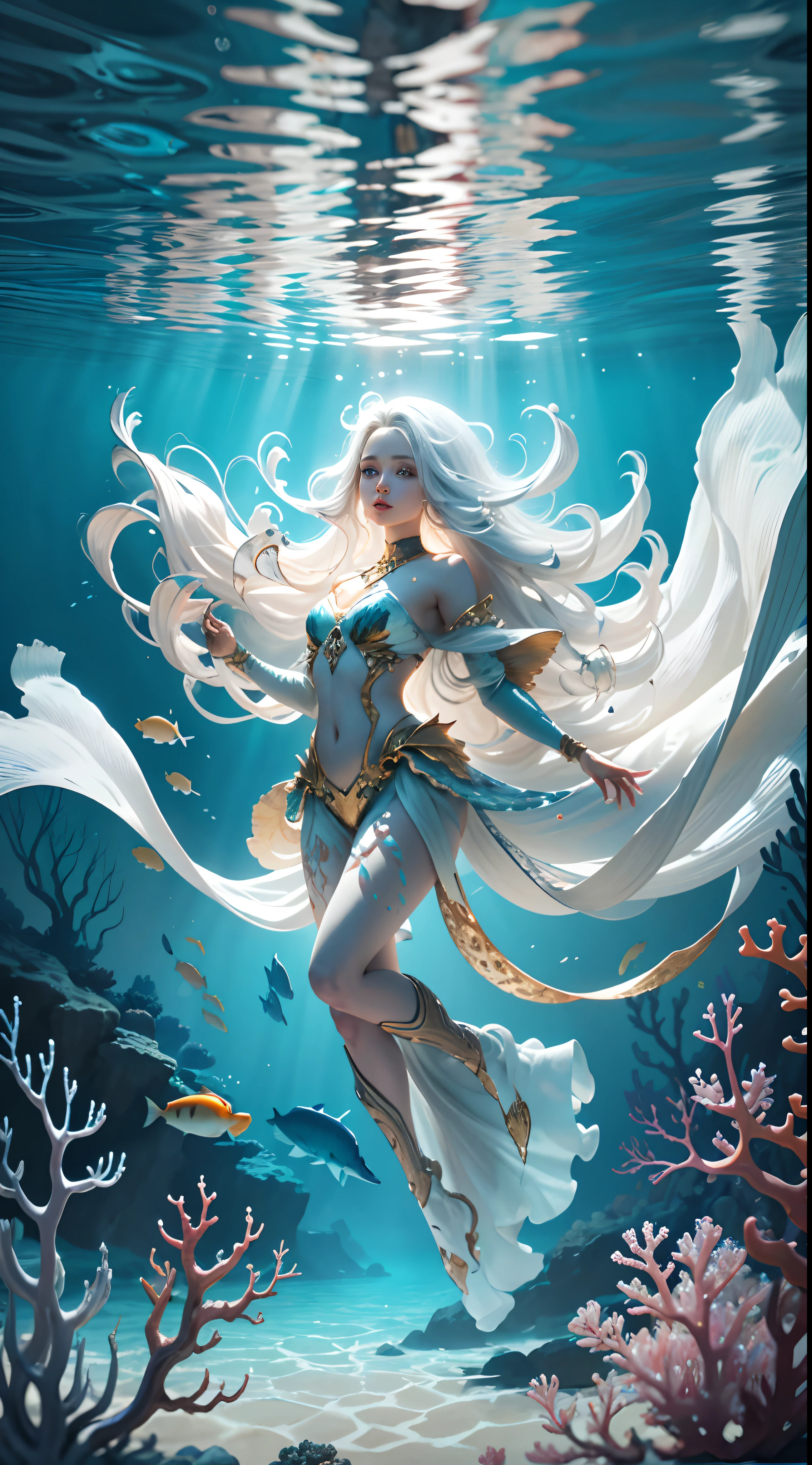 Conceptual art of marine life, Undersea landscape, Marine life，Beautiful coral reefs come in different shapes, 3D，, Fish, Female animated fantasy illustration. Long white hair scattered in the sea, Drift, Very harmonious. The whole painting adopts a messy and imaginative painting style. The colors are bright and saturated, And with smooth lines. The mystery and beauty of the ocean, The painting depicts an underwater world full of life and vitality, Animated art wallpaper 8 K, full body, closeup, Dynamic poses, golden gown