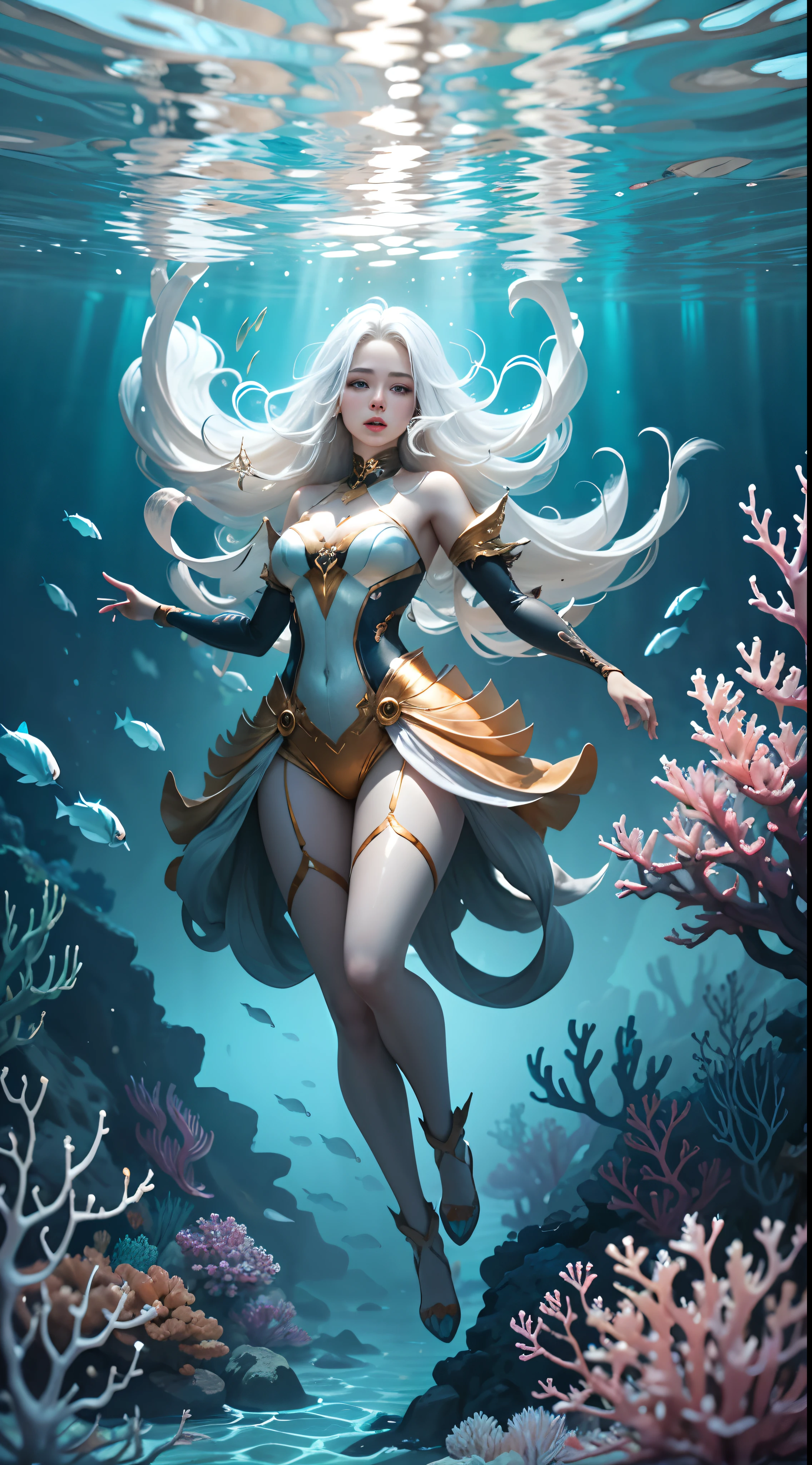 Conceptual art of marine life, Undersea landscape, Marine life,Beautiful coral reefs come in different shapes, 3D,, Fish, Female animated fantasy illustration. Long white hair scattered in the sea, Drift, Very harmonious. The whole painting adopts a messy and imaginative painting style. The colors are bright and saturated, And with smooth lines. The mystery and beauty of the ocean, The painting depicts an underwater world full of life and vitality, Animated art wallpaper 8 K, full body, closeup, Dynamic poses, golden gown