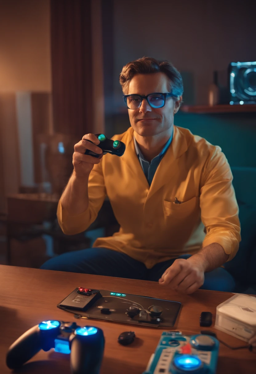 Doctor Man Playing Video Game, olhos castanhos, glasses, Feliz
