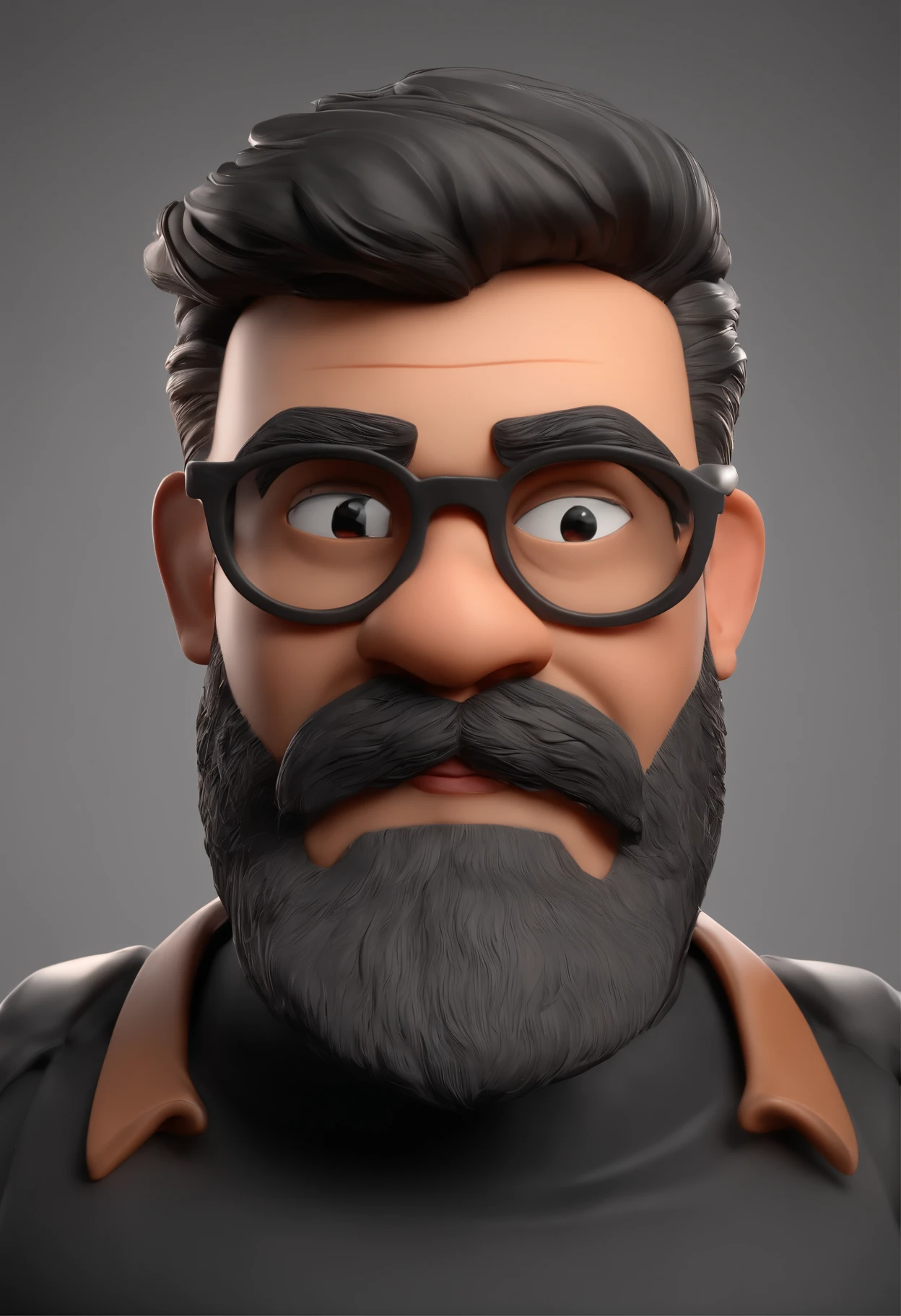 Cartoon character of a man with a shaved head and a big closed beard, with black glasses and black shirt, animation character, Caractere estilizado, animation style rendering, 3D estilizado, Arnold Maya render, 3 d render stylized, toon render keyshot, Personagem 3D, Personagem 3D, 3d rendering stylized, 3 d character render, personagem de desenho animado, Personagem de close up, Pose de personagem,  (Estilo Pixar) (master part:1.2) (Bokeh) (best quality) (pele detalhada) (textura detalhada) (8k) (argila) (Cinematic lighting) (foco nítido)