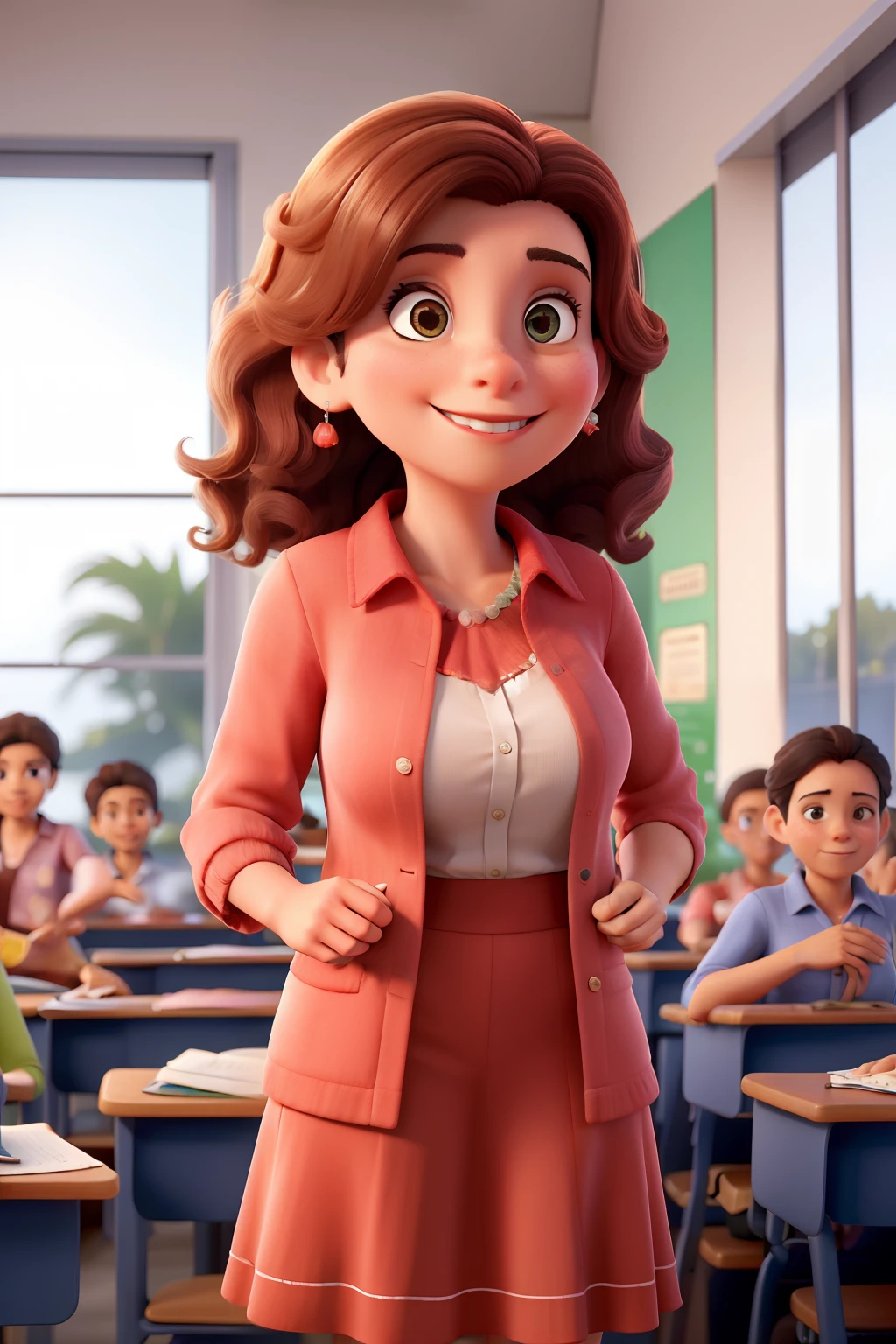 Obra-prima, de melhor qualidade, uma professora de cabelo curto, franjão , liso, vestindo um terninho coral, Standing in the classroom