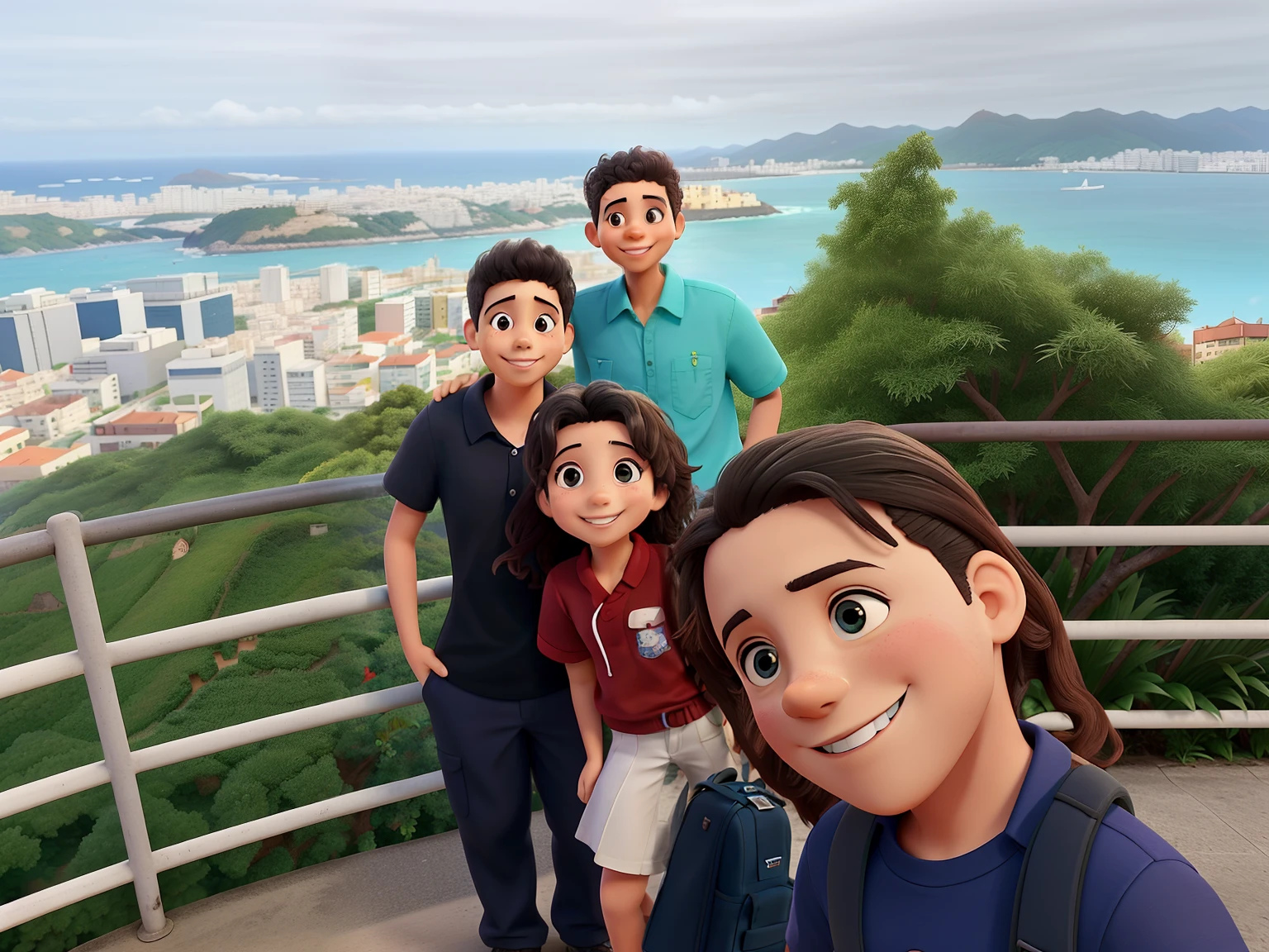 Um grupo de amigos viajantes numa vista de uma cidade, Buildings and sea background, sorrindo para a foto.